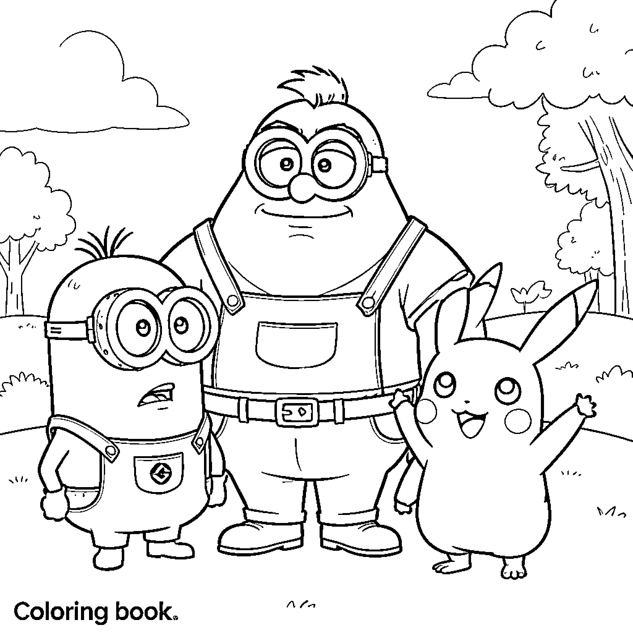 Minions exploring nature with Pikachu Coloring Page (free black-and-white line drawing printable PDF for all, from beginners to advanced learners, including children, teens, adults, and seniors)