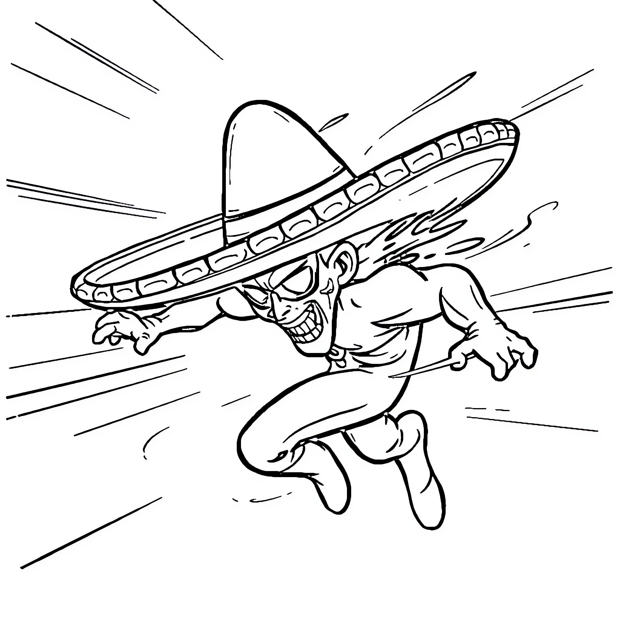 Flash sombrero-wearing character running swiftly Coloring Page (free black-and-white line drawing printable PDF for all, from beginners to advanced learners, including children, teens, adults, and seniors)