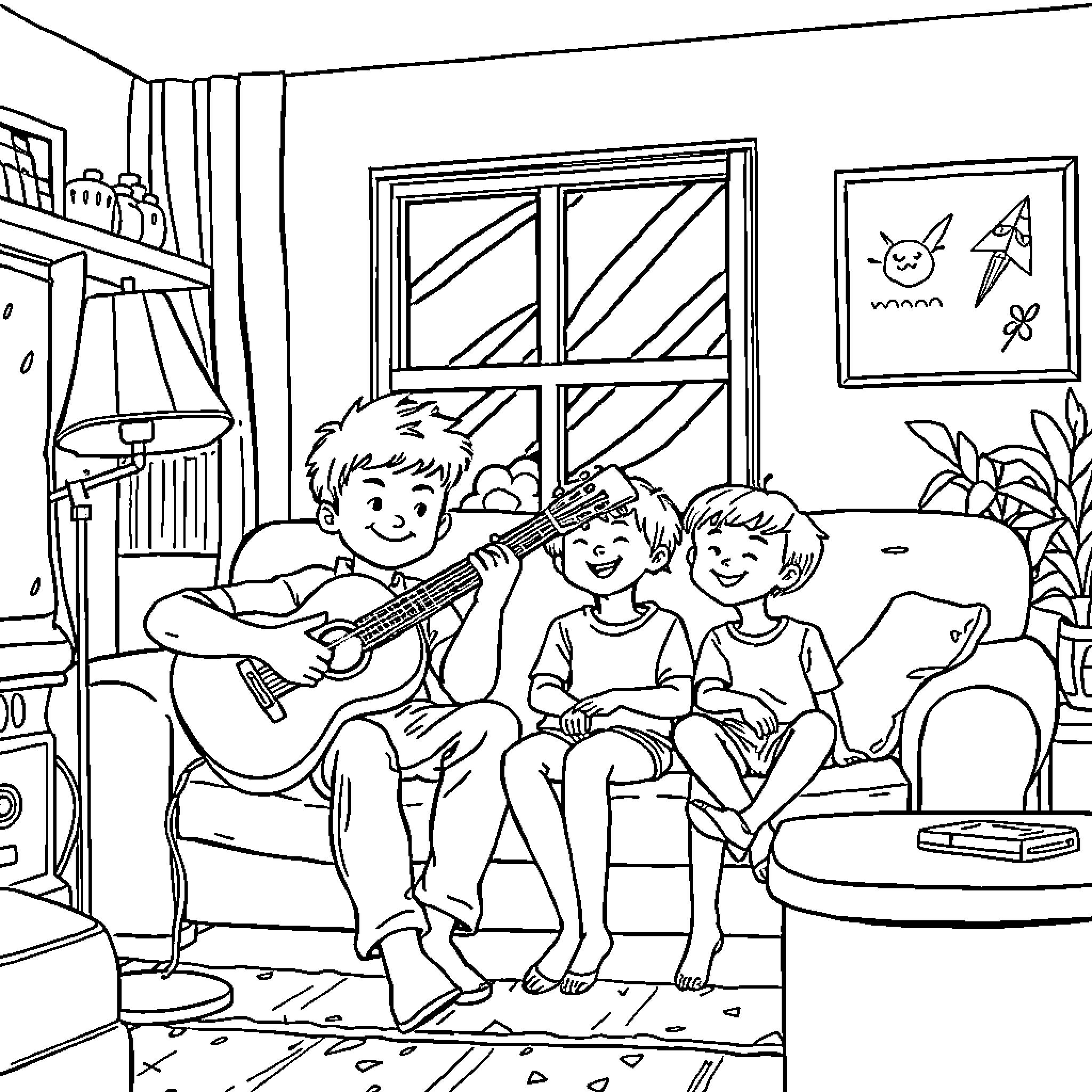 Single Parent Sharing Music Time with Children Coloring Page (free black-and-white line drawing printable PDF for all, from beginners to advanced learners, including children, teens, adults, and seniors)