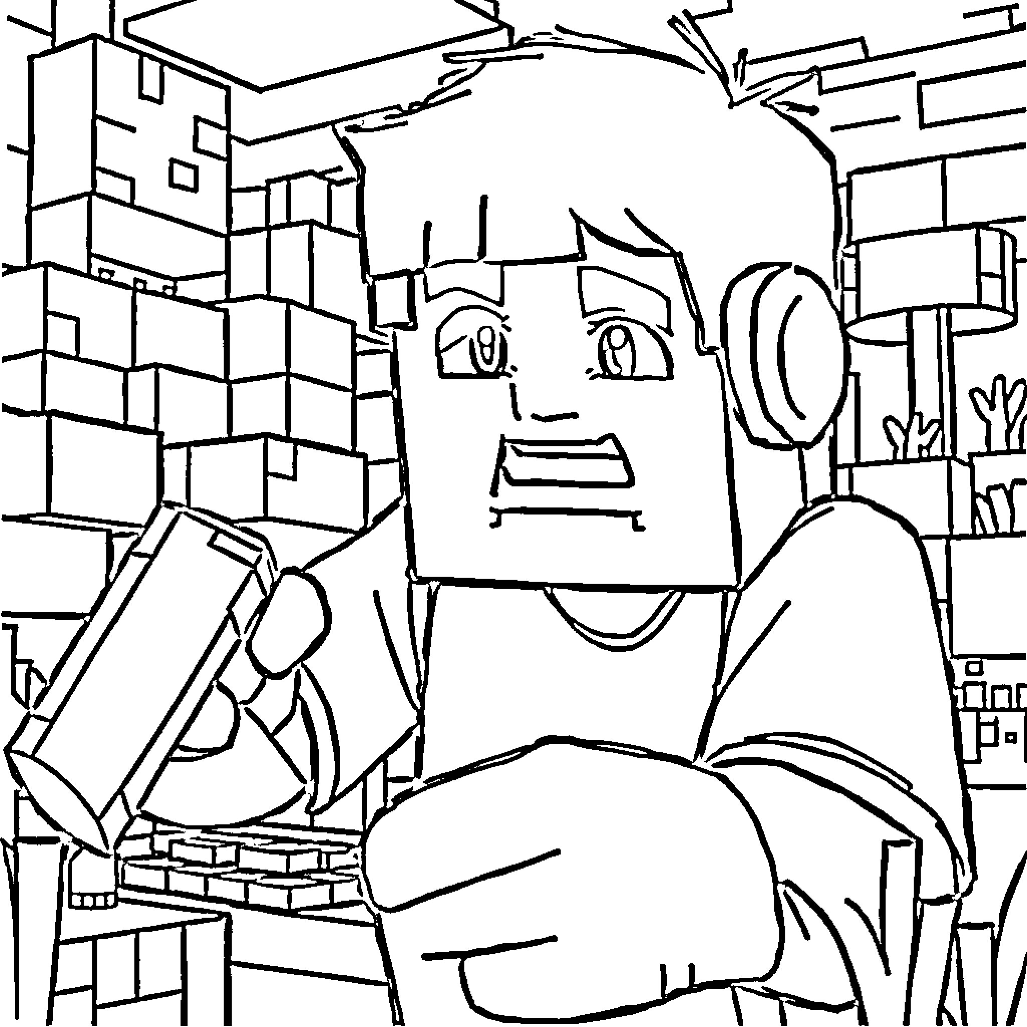 YouTube Minecraft Character Exploring a Blocky World Coloring Page (free black-and-white line drawing printable PDF for all, from beginners to advanced learners, including children, teens, adults, and seniors)