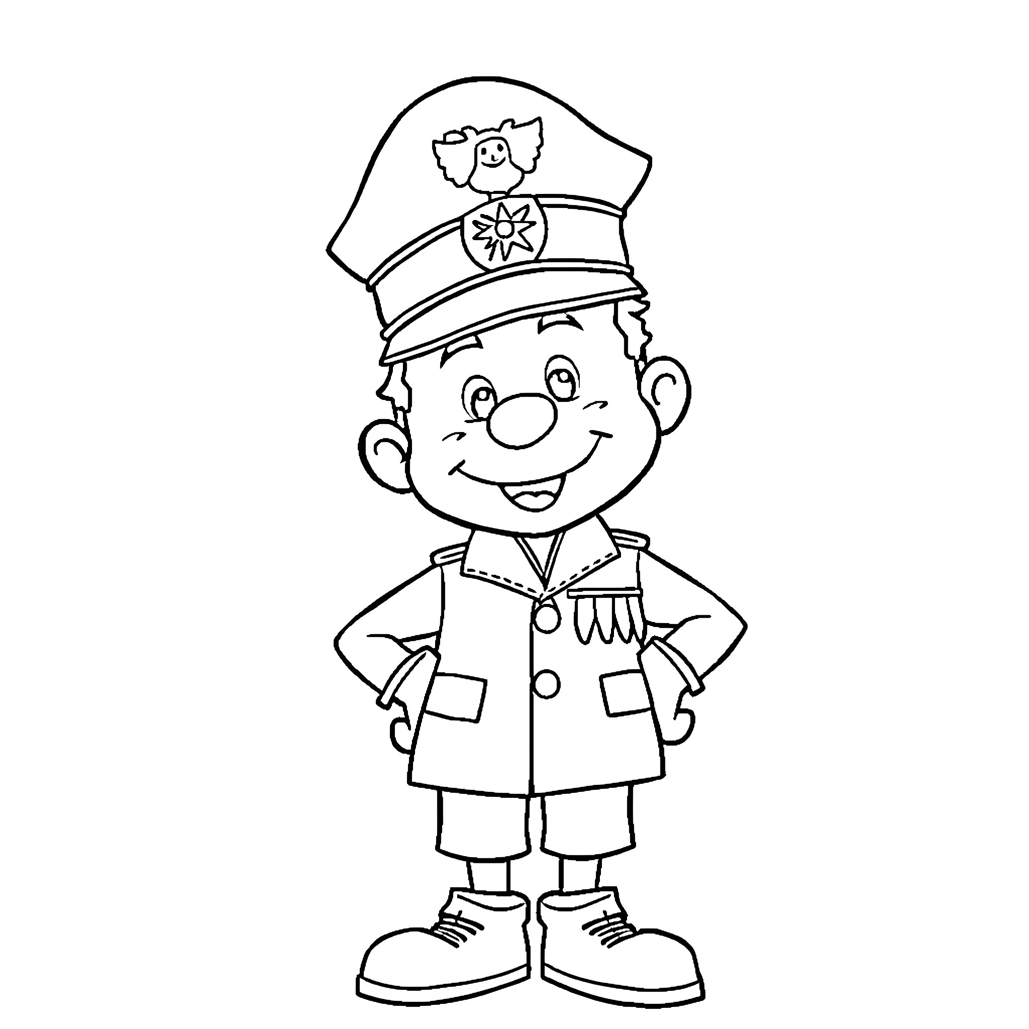 Bill the Friendly Police Officer Coloring Page (free black-and-white line drawing printable PDF for all, from beginners to advanced learners, including children, teens, adults, and seniors)