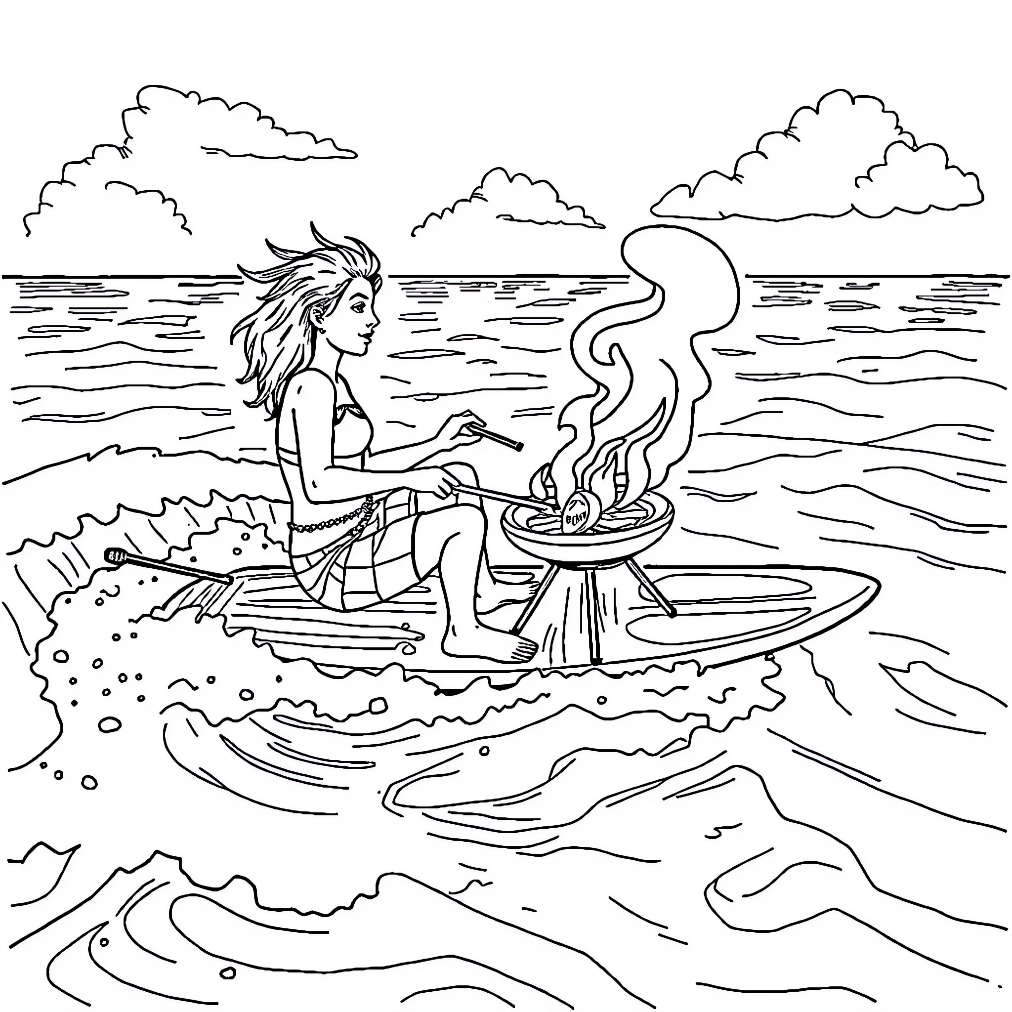 Surfboard riding mermaid in the ocean Coloring Page (free black-and-white line drawing printable PDF for all, from beginners to advanced learners, including children, teens, adults, and seniors)