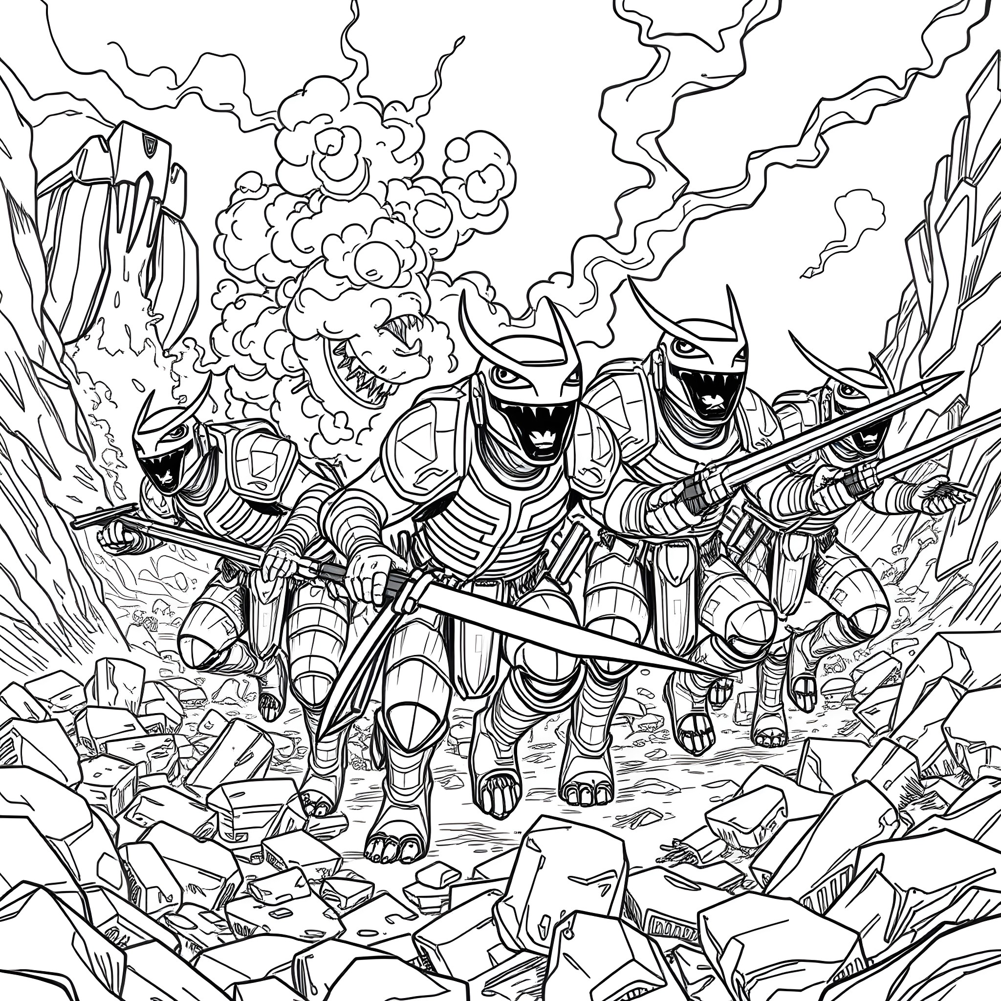 Salamander warriors in armored battle formation Coloring Page (free black-and-white line drawing printable PDF for all, from beginners to advanced learners, including children, teens, adults, and seniors)