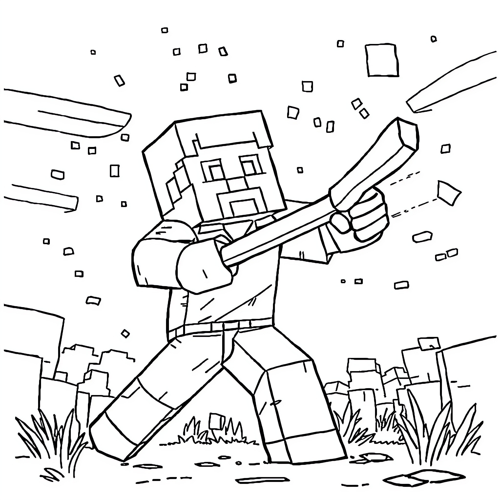 Steve exploring the pixelated world with a flashlight Coloring Page (free black-and-white line drawing printable PDF for all, from beginners to advanced learners, including children, teens, adults, and seniors)