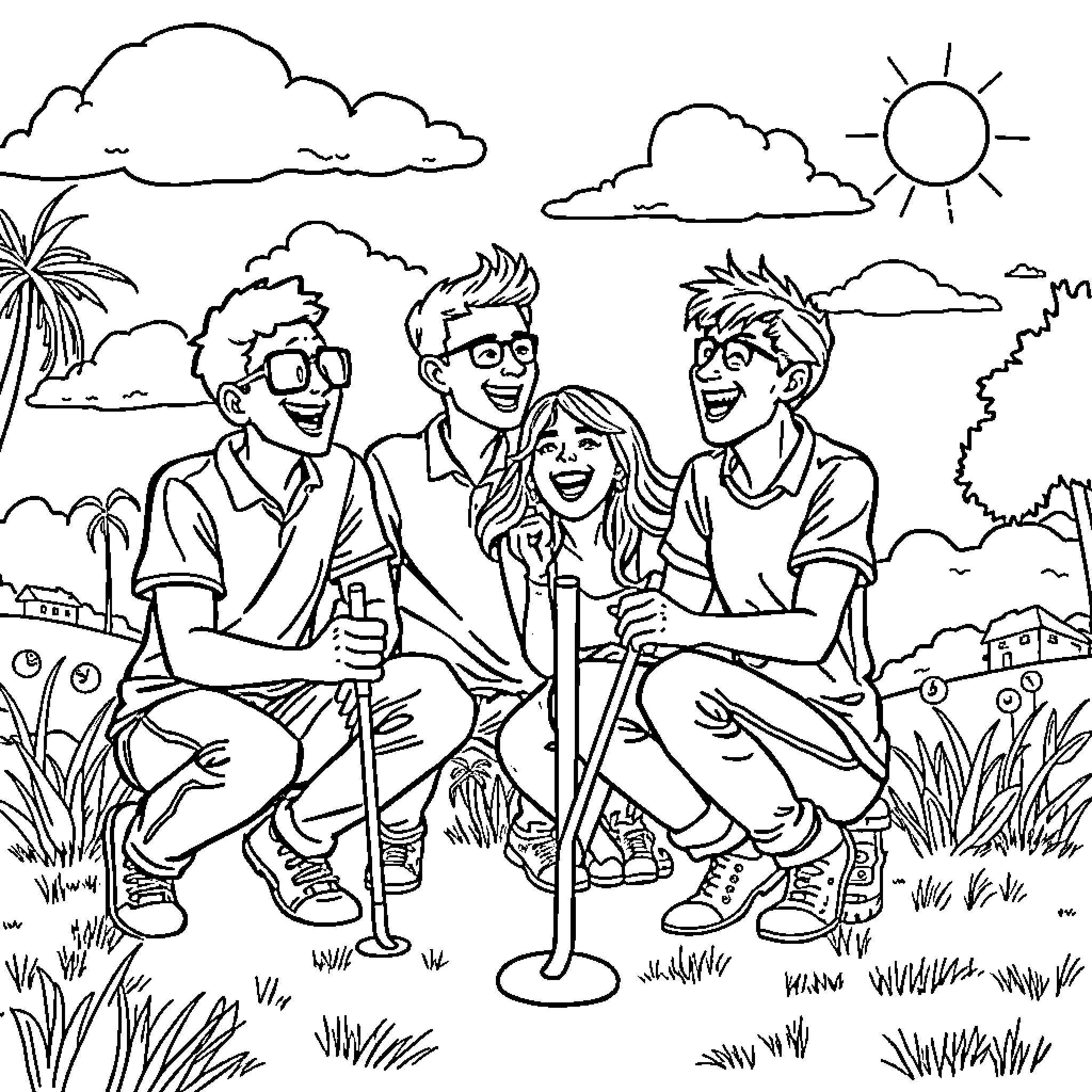 Brainrot: Friends enjoying a sunny day outdoors Coloring Page (free black-and-white line drawing printable PDF for all, from beginners to advanced learners, including children, teens, adults, and seniors)