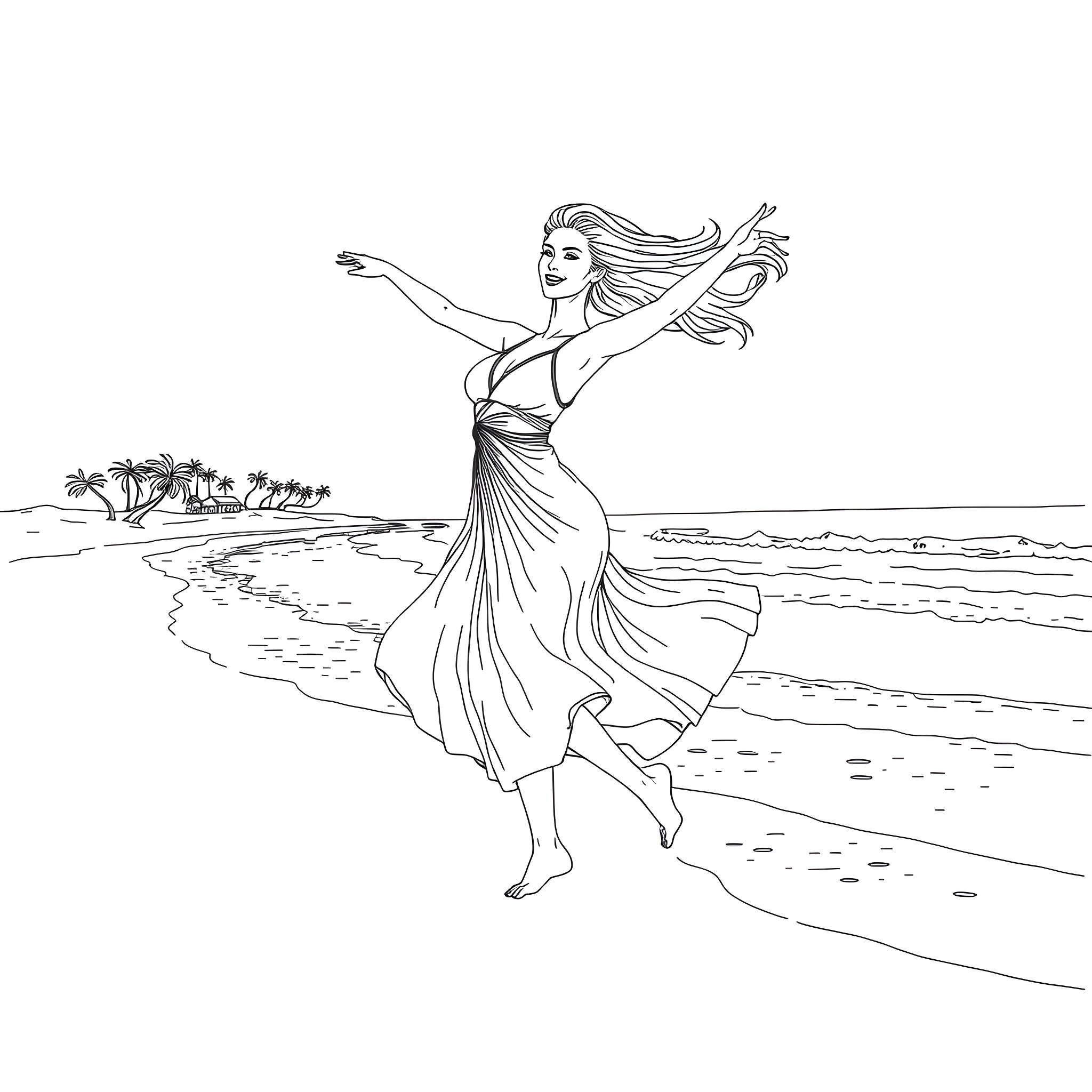 Woman dancing joyfully on the beach Coloring Page (free black-and-white line drawing printable PDF for all, from beginners to advanced learners, including children, teens, adults, and seniors)