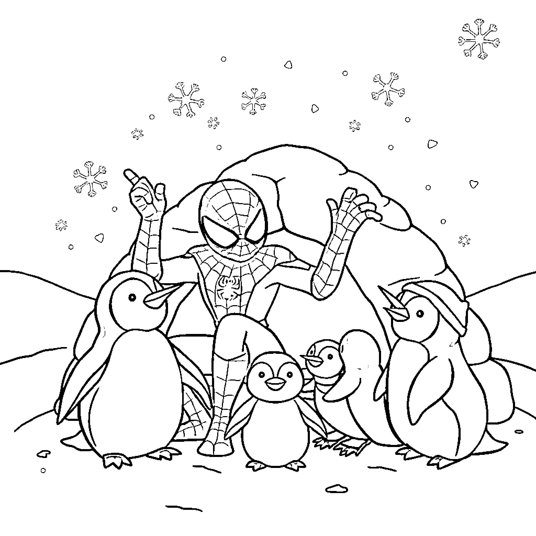 Spiderman playing with penguins in snowy scene Coloring Page (free black-and-white line drawing printable PDF for all, from beginners to advanced learners, including children, teens, adults, and seniors)