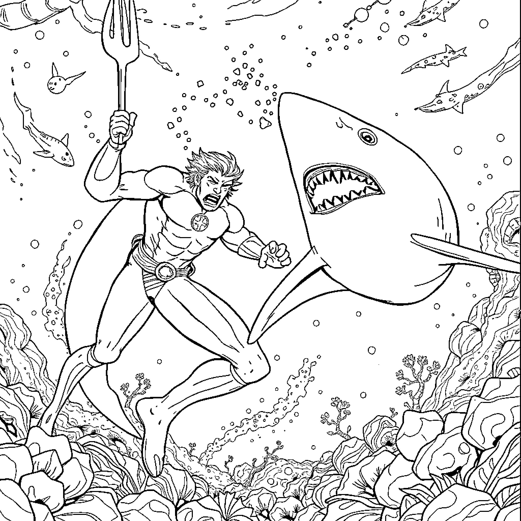 Aquaman battles ferocious shark in underwater adventure Coloring Page (free black-and-white line drawing printable PDF for all, from beginners to advanced learners, including children, teens, adults, and seniors)