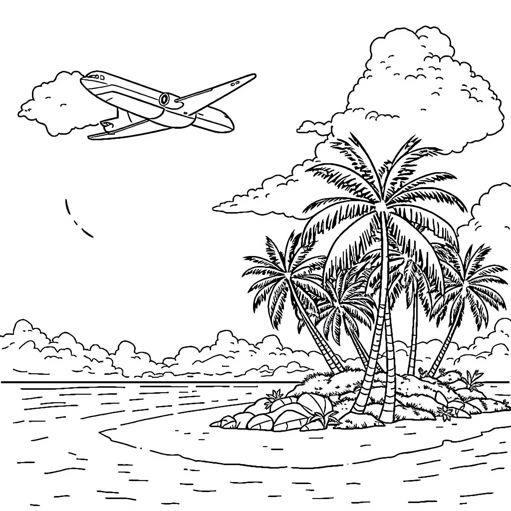 Airplane flying over tropical island landscape Coloring Page (free black-and-white line drawing printable PDF for all, from beginners to advanced learners, including children, teens, adults, and seniors)