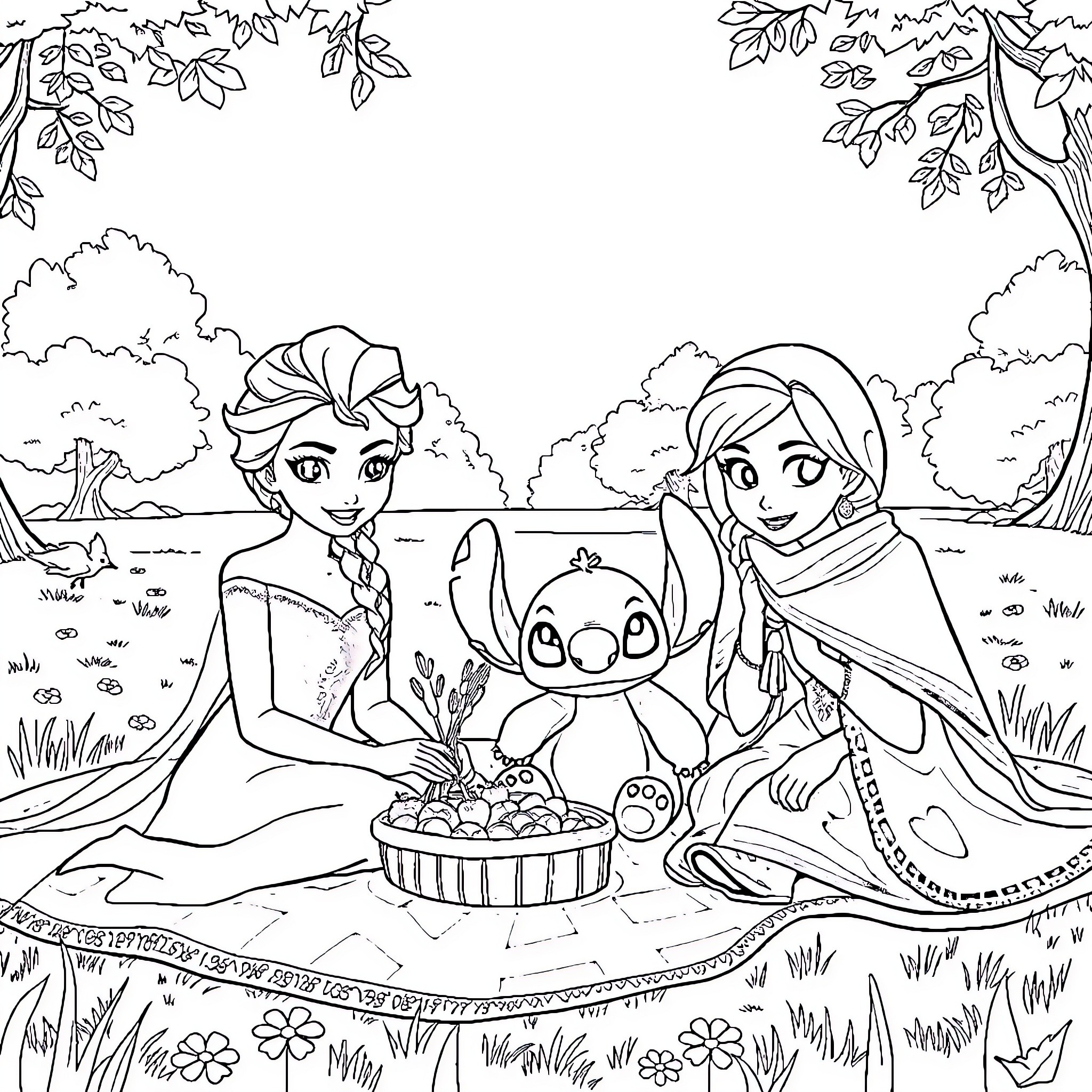 Elsa and Anna Enjoying a Picnic Outdoors Coloring Page (free black-and-white line drawing printable PDF for all, from beginners to advanced learners, including children, teens, adults, and seniors)