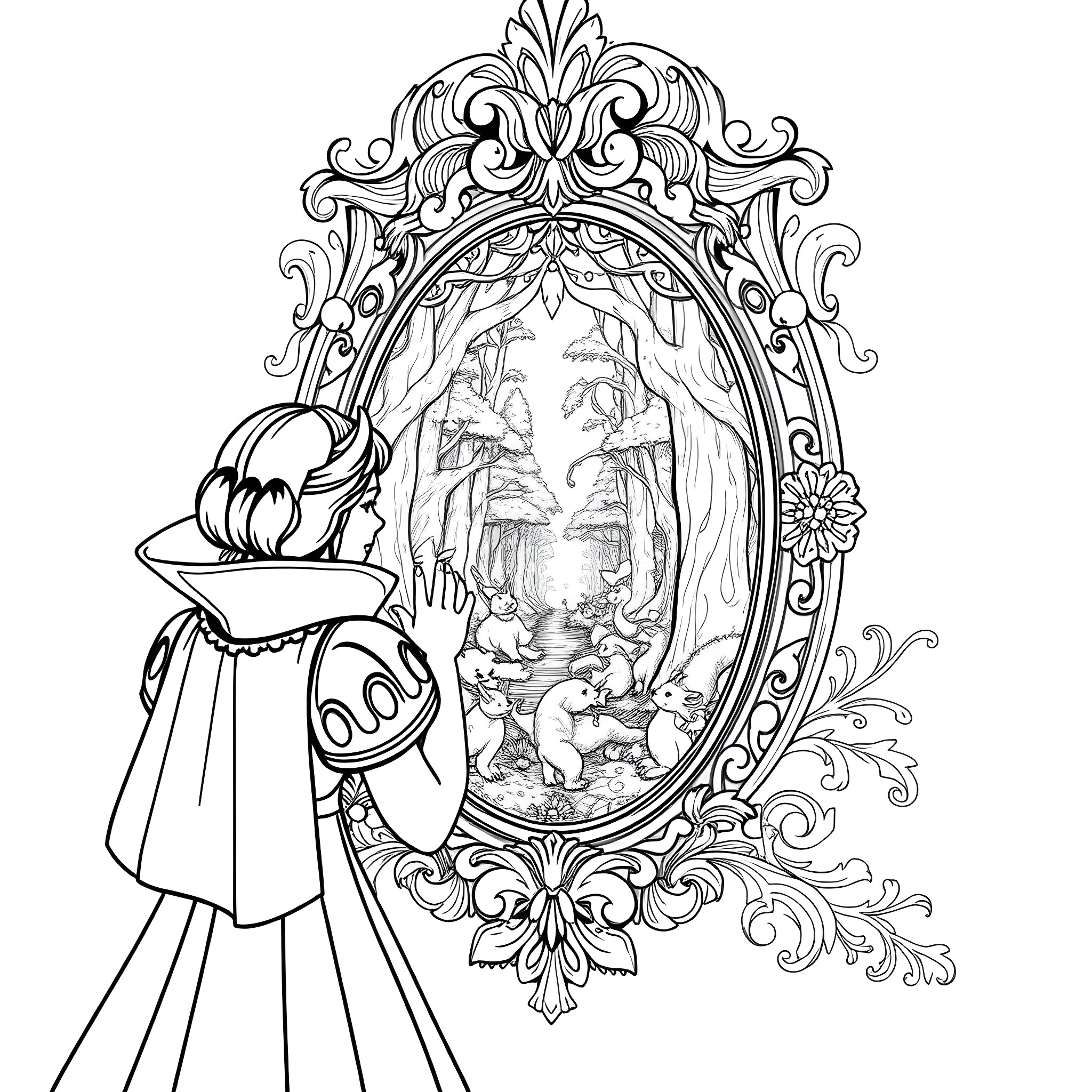 Magic Mirror of Fairy Tale Woodland Creatures Coloring Page (free black-and-white line drawing printable PDF for all, from beginners to advanced learners, including children, teens, adults, and seniors)