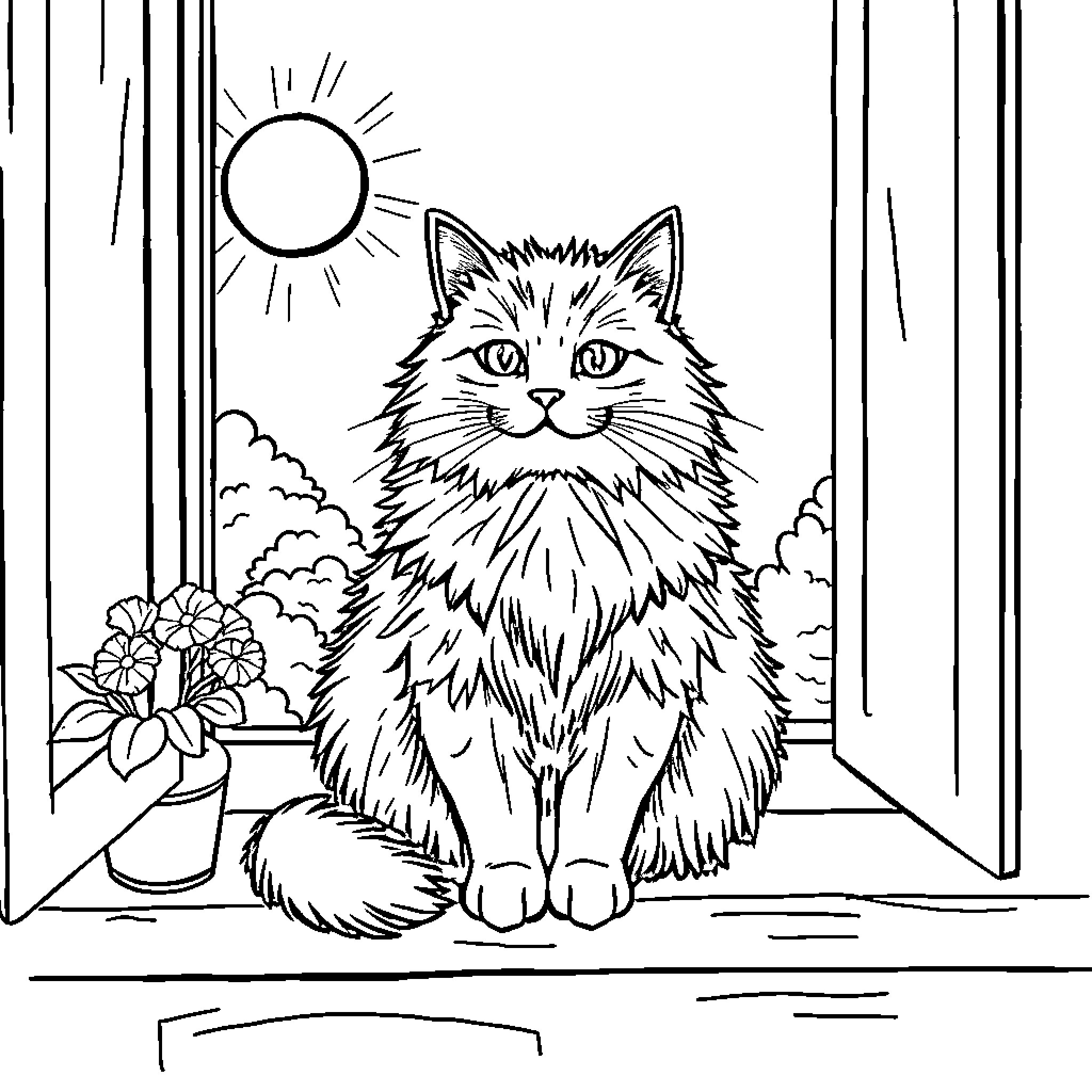Cat gazing through window at sunny day Coloring Page (free black-and-white line drawing printable PDF for all, from beginners to advanced learners, including children, teens, adults, and seniors)