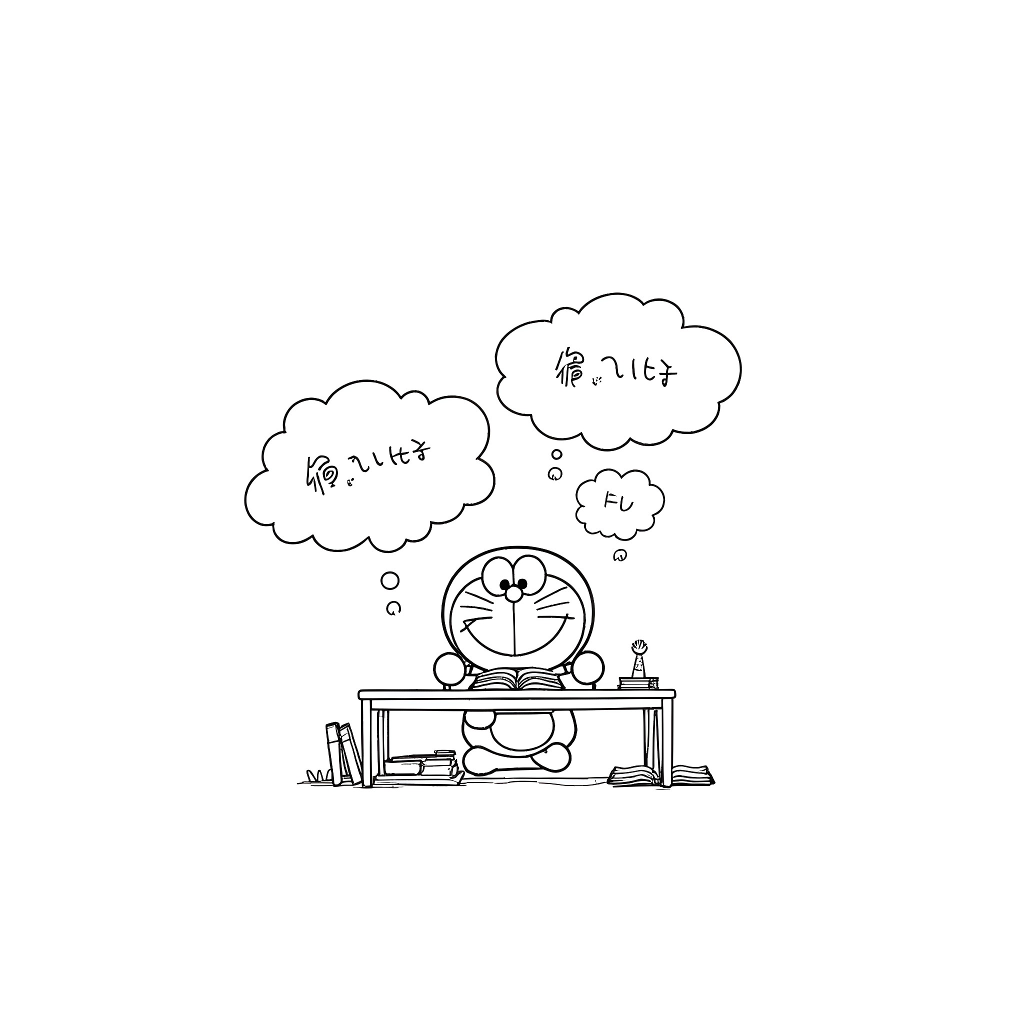 Doraemon daydreaming at his desk Coloring Page (free black-and-white line drawing printable PDF for all, from beginners to advanced learners, including children, teens, adults, and seniors)