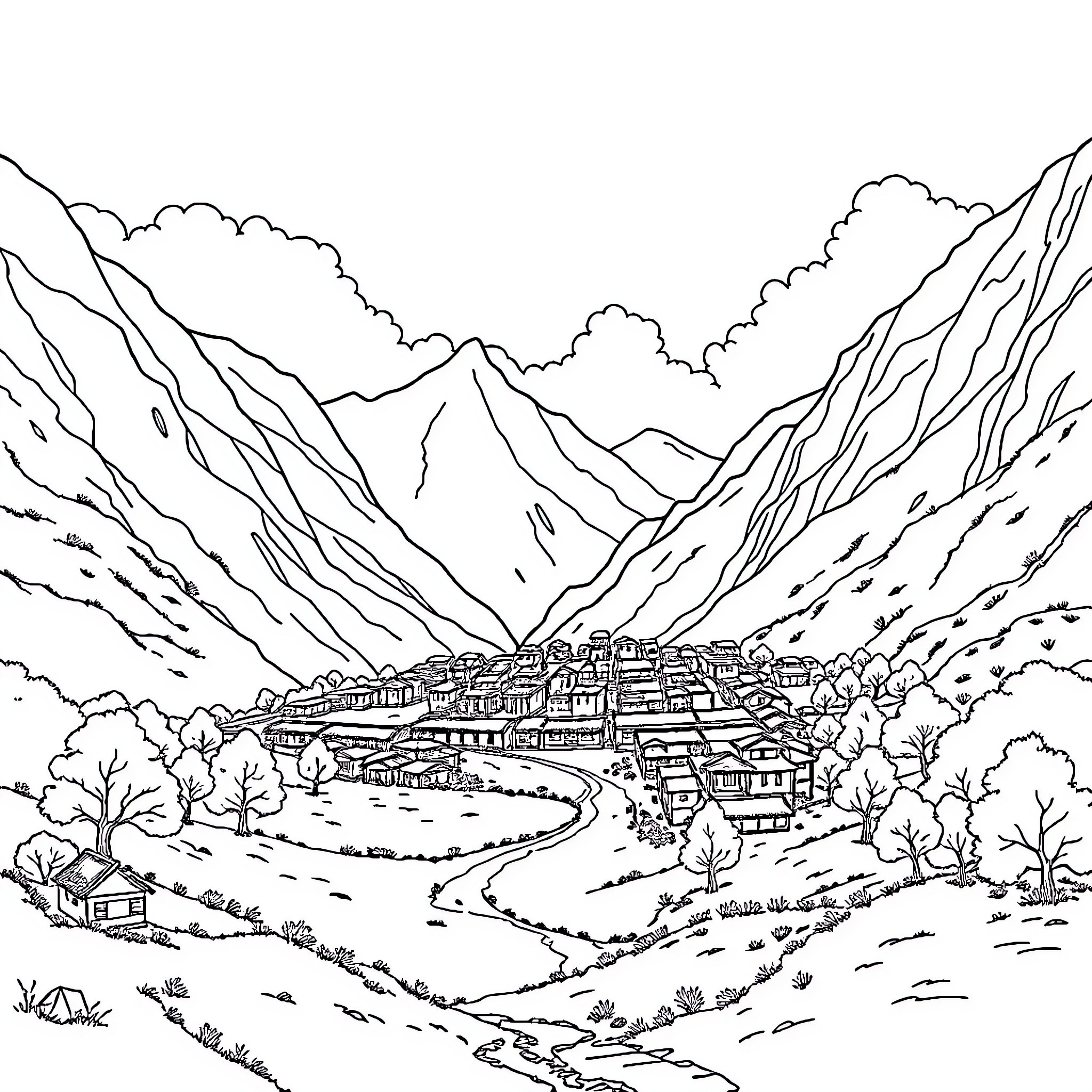 Jinou Serene Mountain Village Landscape Coloring Page (free black-and-white line drawing printable PDF for all, from beginners to advanced learners, including children, teens, adults, and seniors)