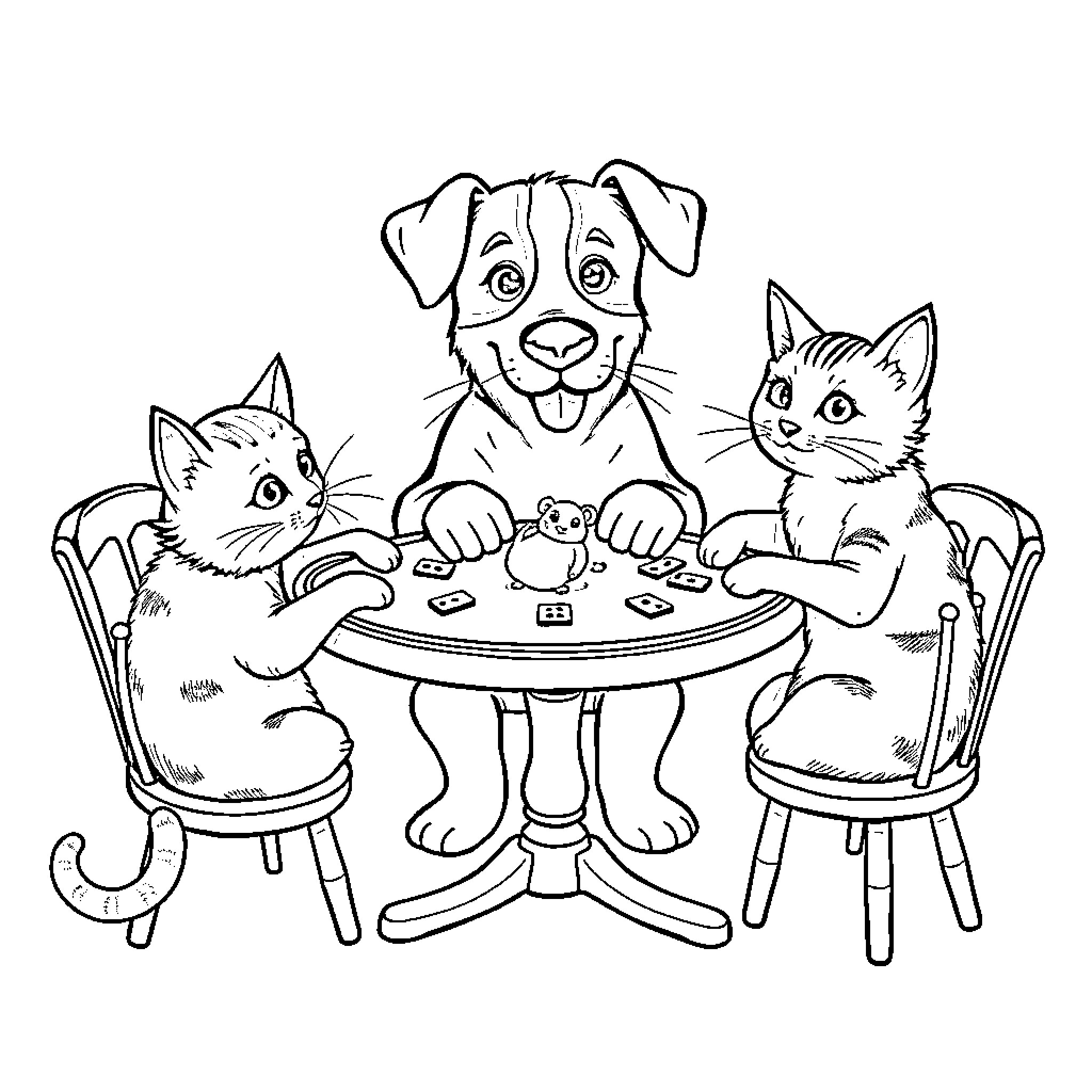 Dog, Cat, and Kitten Playing at Table Coloring Page (free black-and-white line drawing printable PDF for all, from beginners to advanced learners, including children, teens, adults, and seniors)