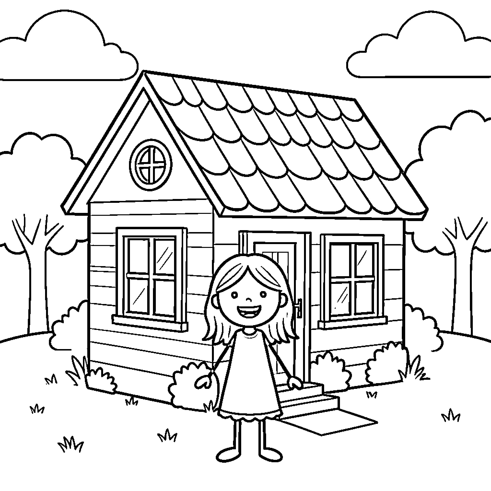 House with young girl standing outside Coloring Page (free black-and-white line drawing printable PDF for all, from beginners to advanced learners, including children, teens, adults, and seniors)