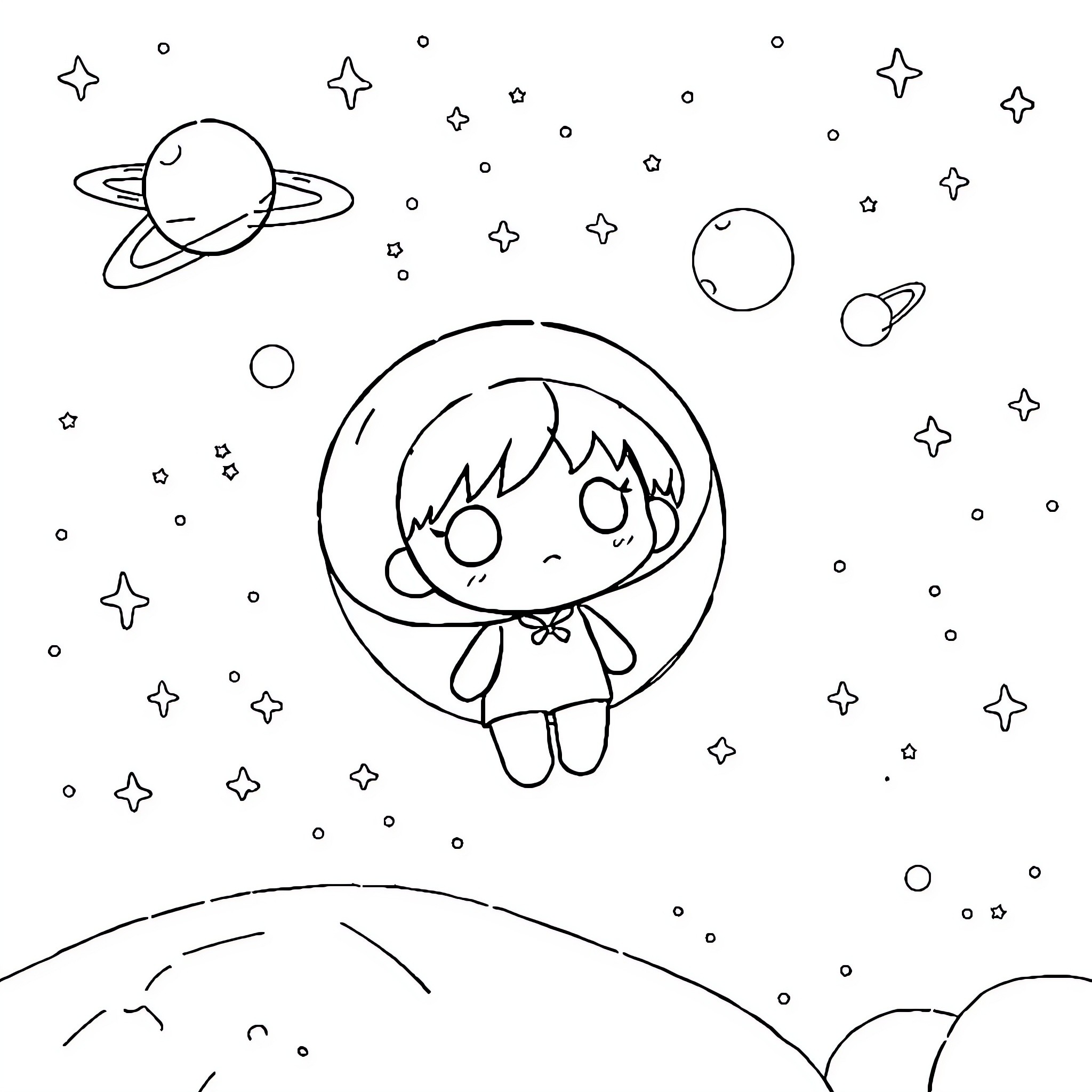 Chibi astronaut exploring the cosmic landscape Coloring Page (free black-and-white line drawing printable PDF for all, from beginners to advanced learners, including children, teens, adults, and seniors)