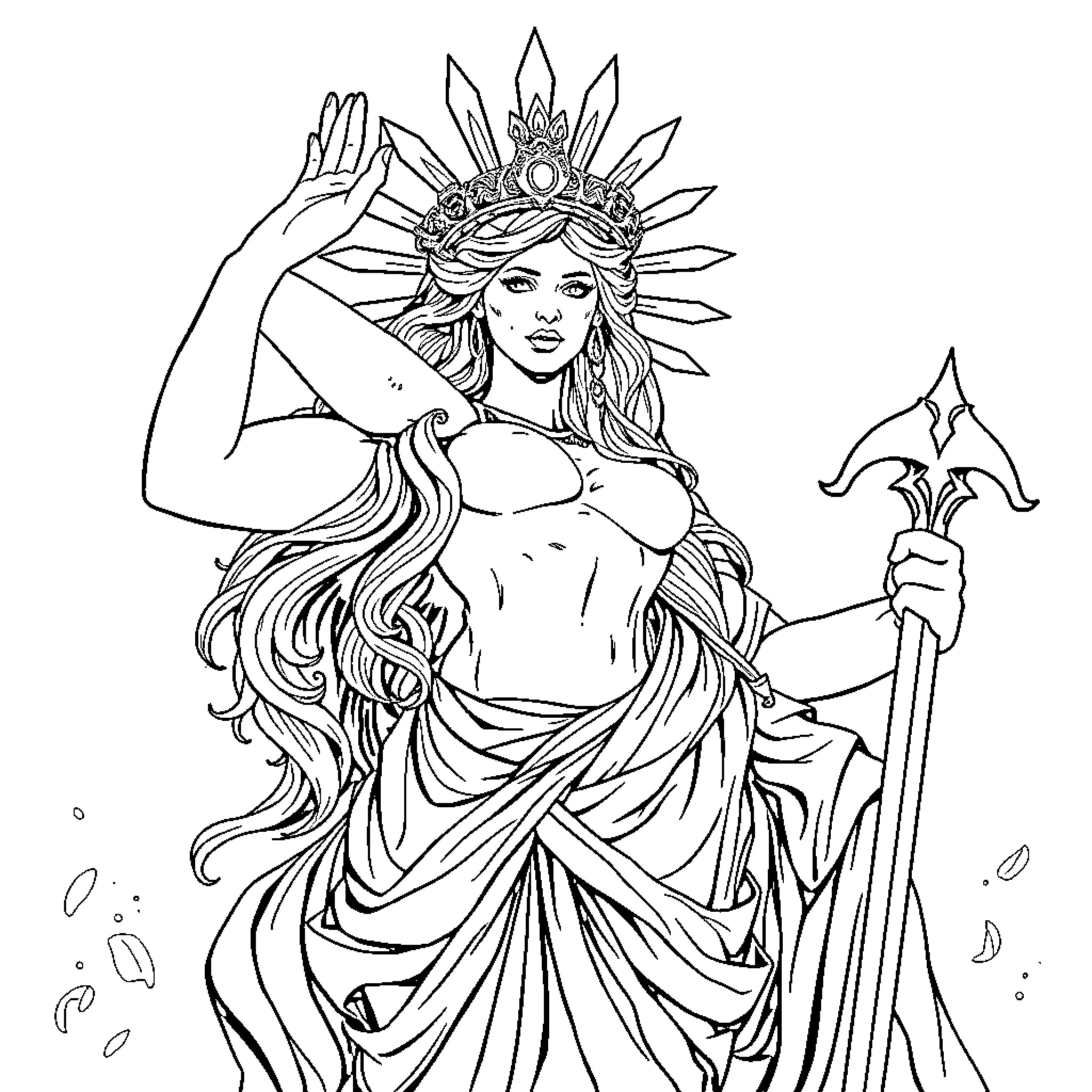 Goddess of Power and Grace Coloring Page (free black-and-white line drawing printable PDF for all, from beginners to advanced learners, including children, teens, adults, and seniors)