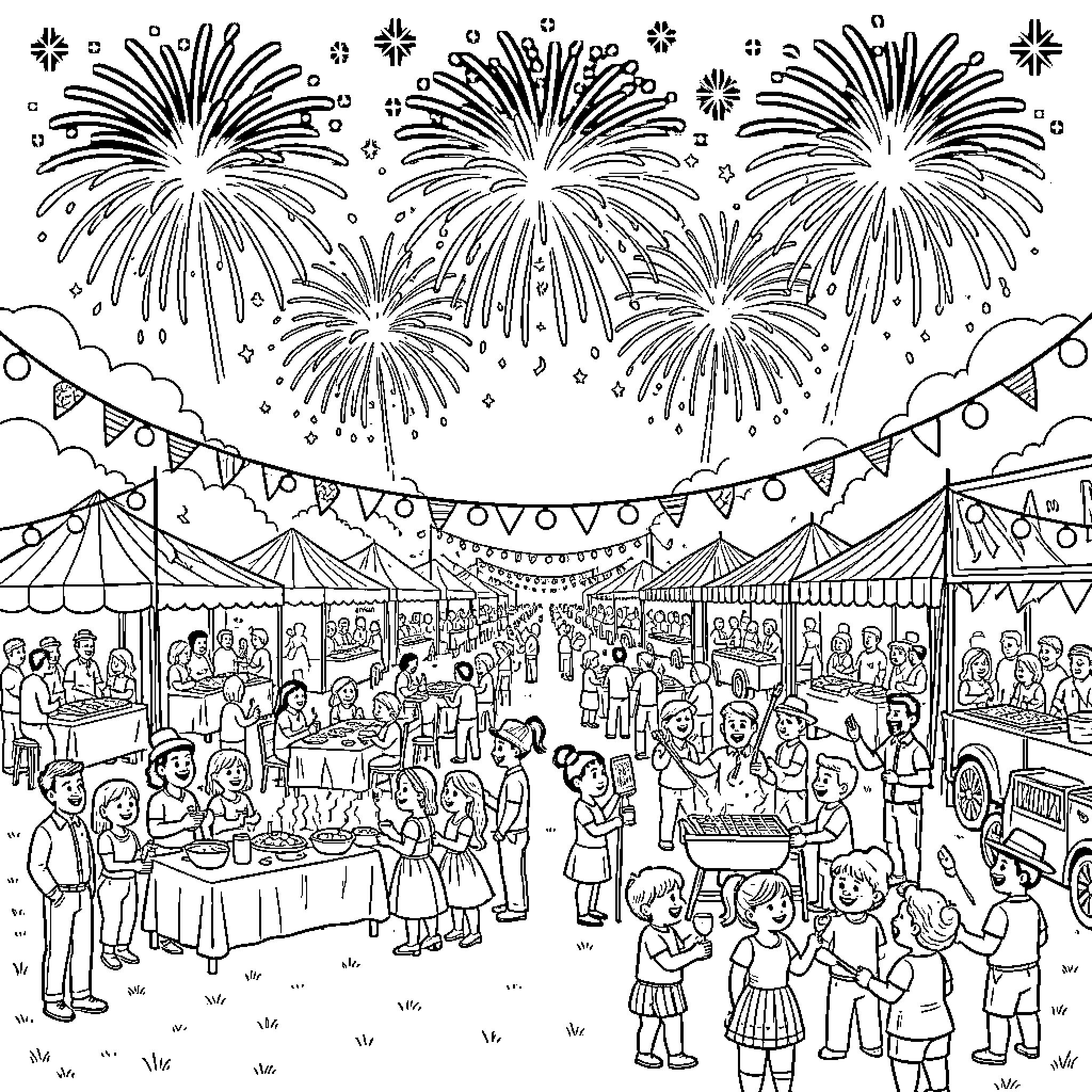 July celebration with fireworks and outdoor festival crowds Coloring Page (free black-and-white line drawing printable PDF for all, from beginners to advanced learners, including children, teens, adults, and seniors)