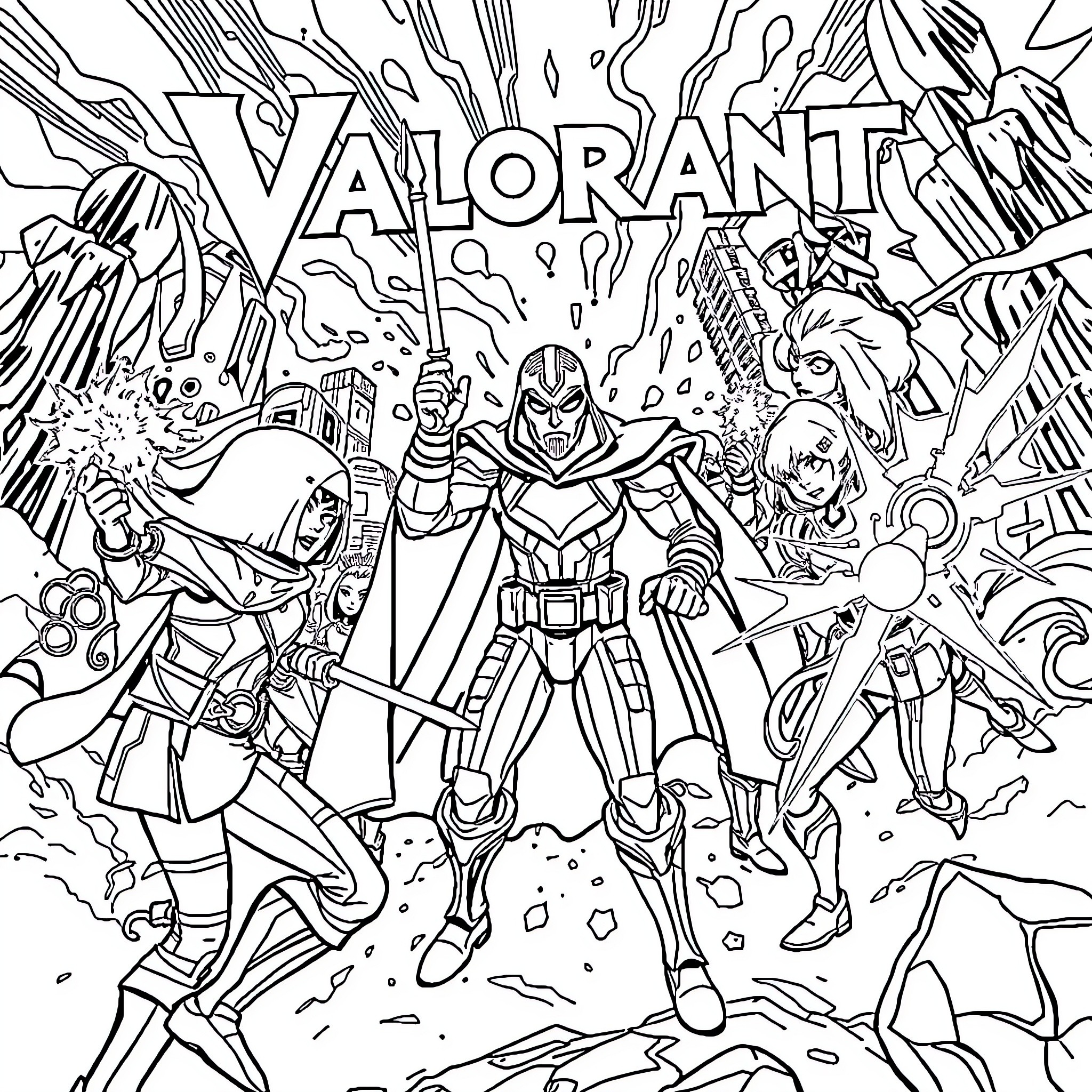 Valorant - Heroic characters in action-packed combat Coloring Page (free black-and-white line drawing printable PDF for all, from beginners to advanced learners, including children, teens, adults, and seniors)