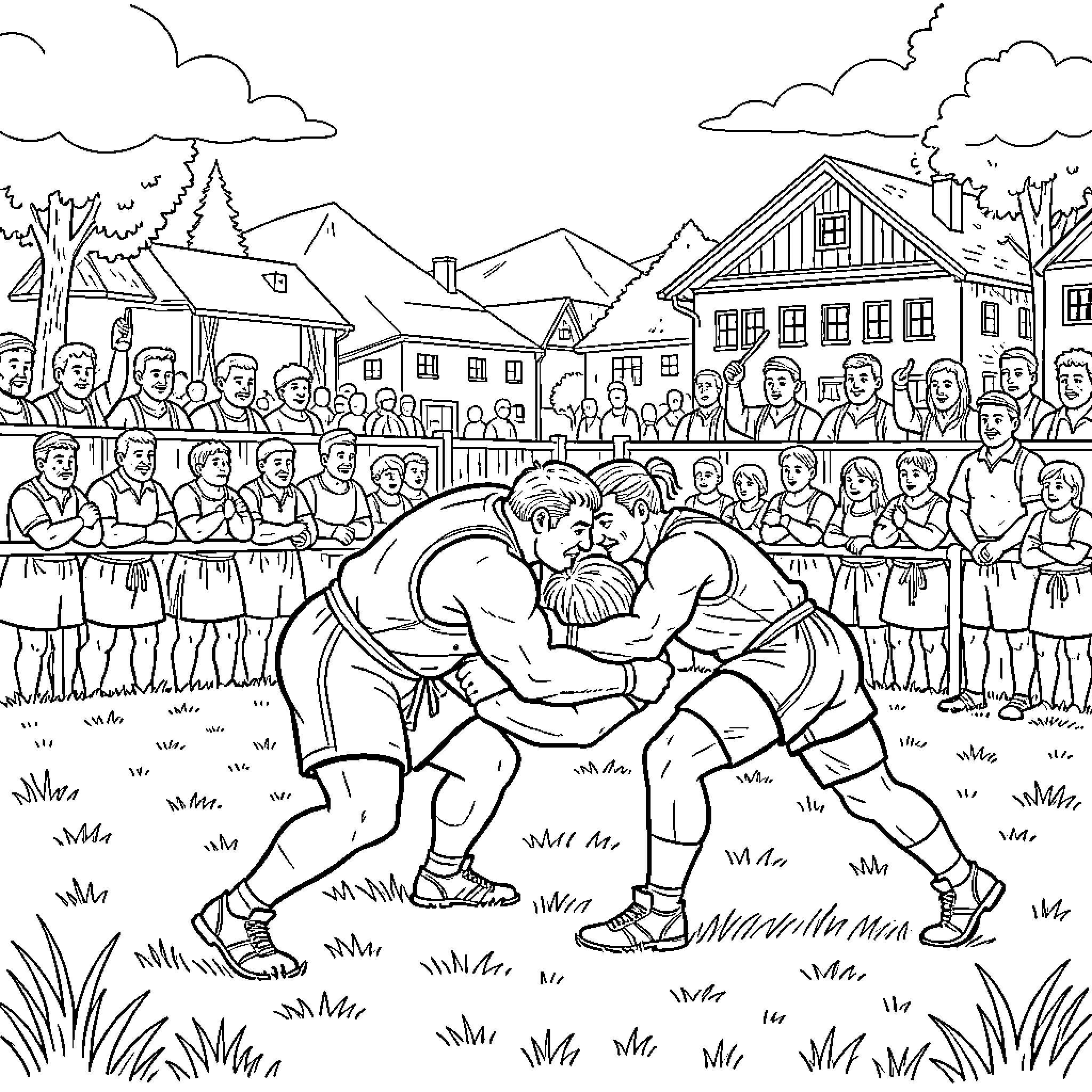 Schwingen wrestlers competing in a traditional village festival Coloring Page (free black-and-white line drawing printable PDF for all, from beginners to advanced learners, including children, teens, adults, and seniors)
