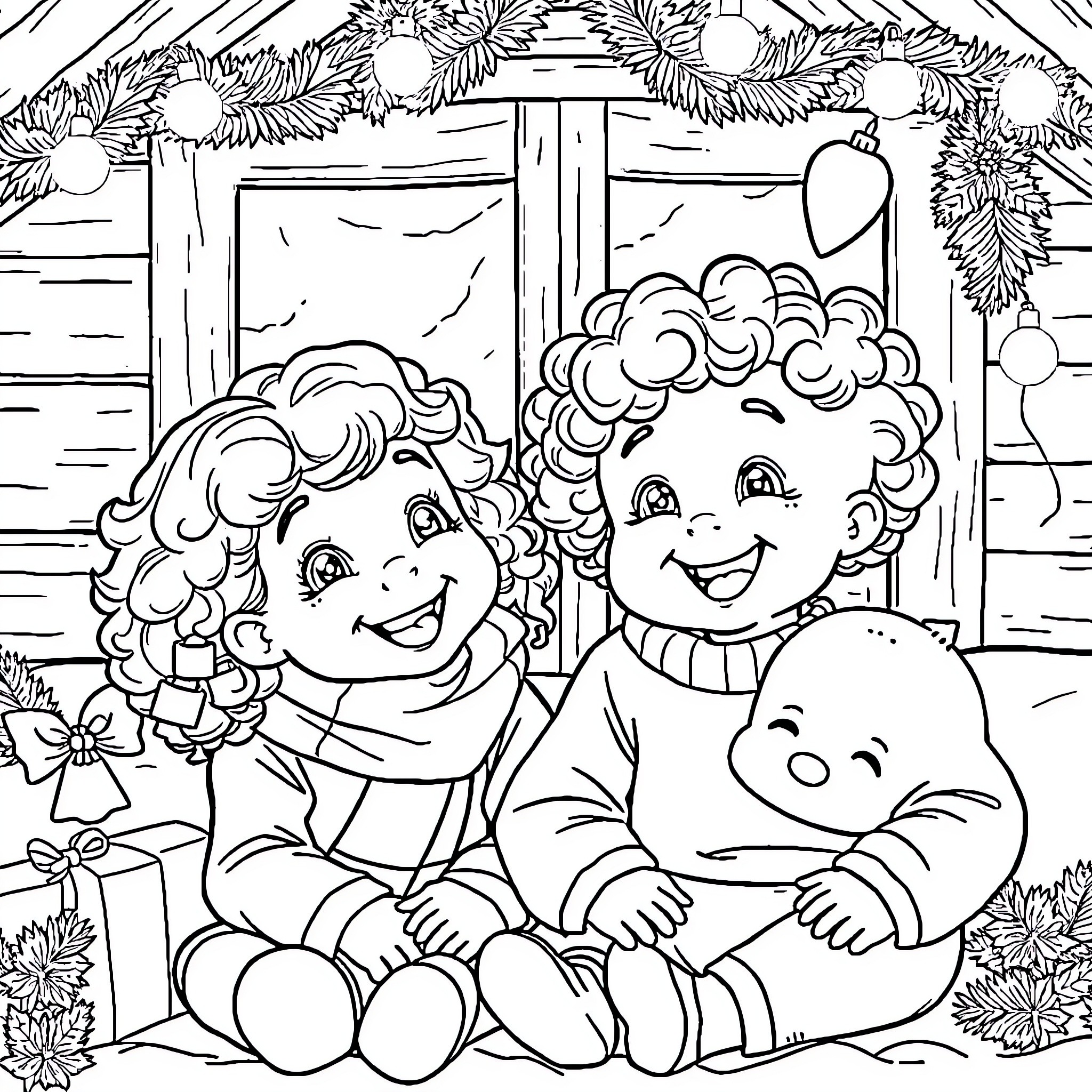 Girl and Dolls Enjoying Holiday Decorations Coloring Page (free black-and-white line drawing printable PDF for all, from beginners to advanced learners, including children, teens, adults, and seniors)