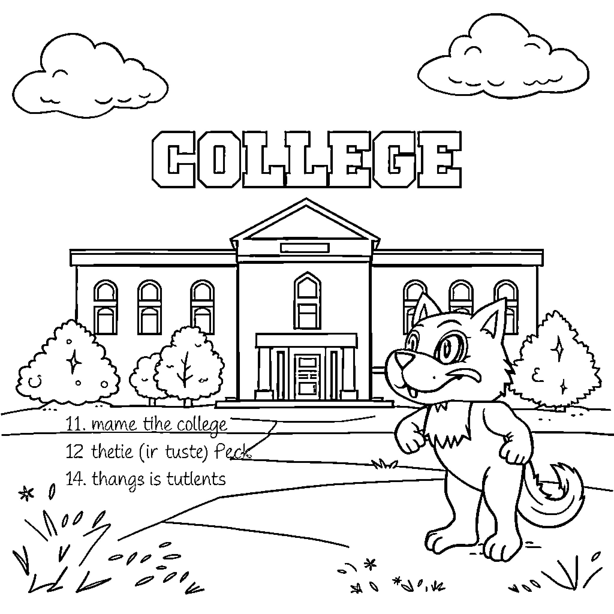 College scene with dog and college building Coloring Page (free black-and-white line drawing printable PDF for all, from beginners to advanced learners, including children, teens, adults, and seniors)