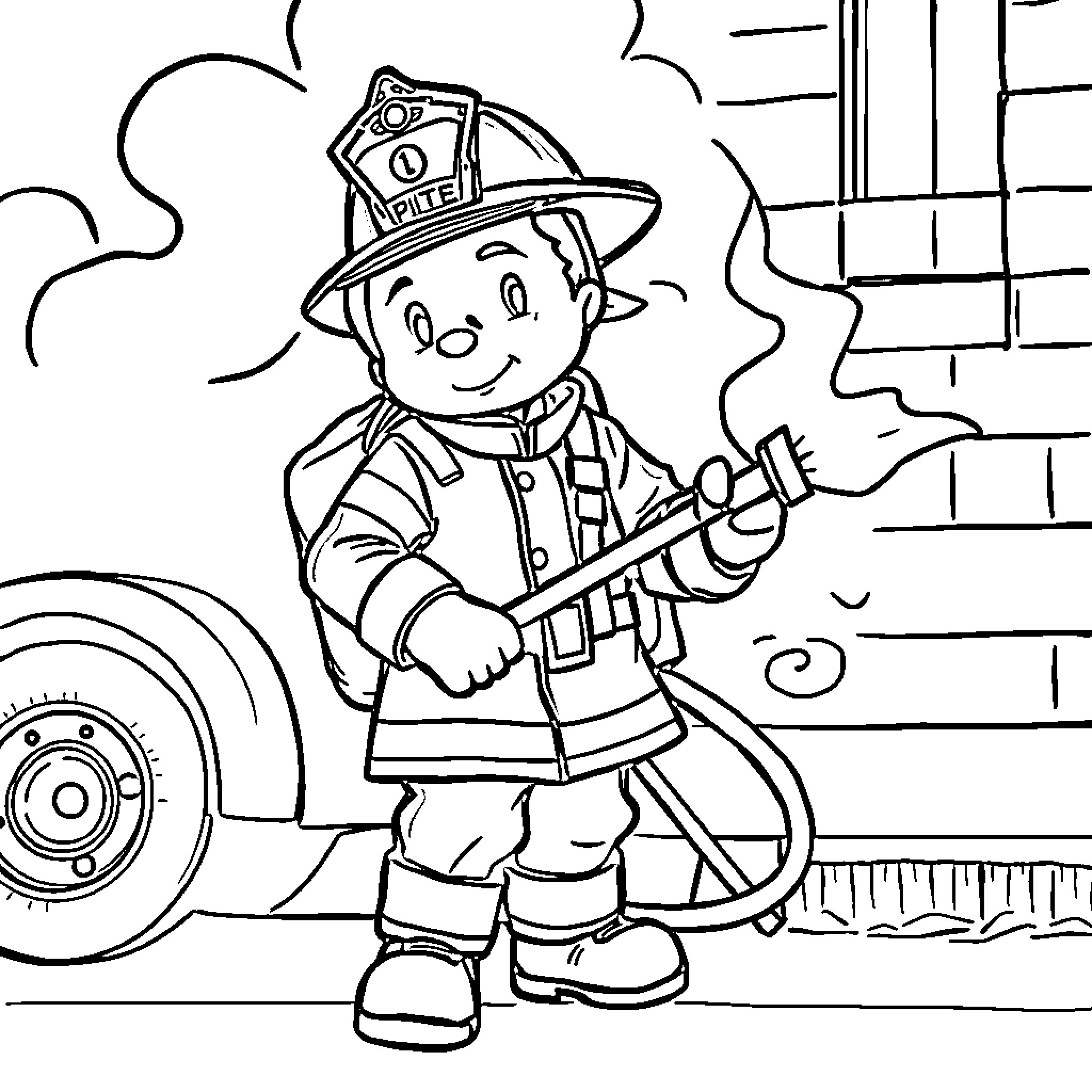 Firefighter Putting Out Fire with Hose Coloring Page (free black-and-white line drawing printable PDF for all, from beginners to advanced learners, including children, teens, adults, and seniors)