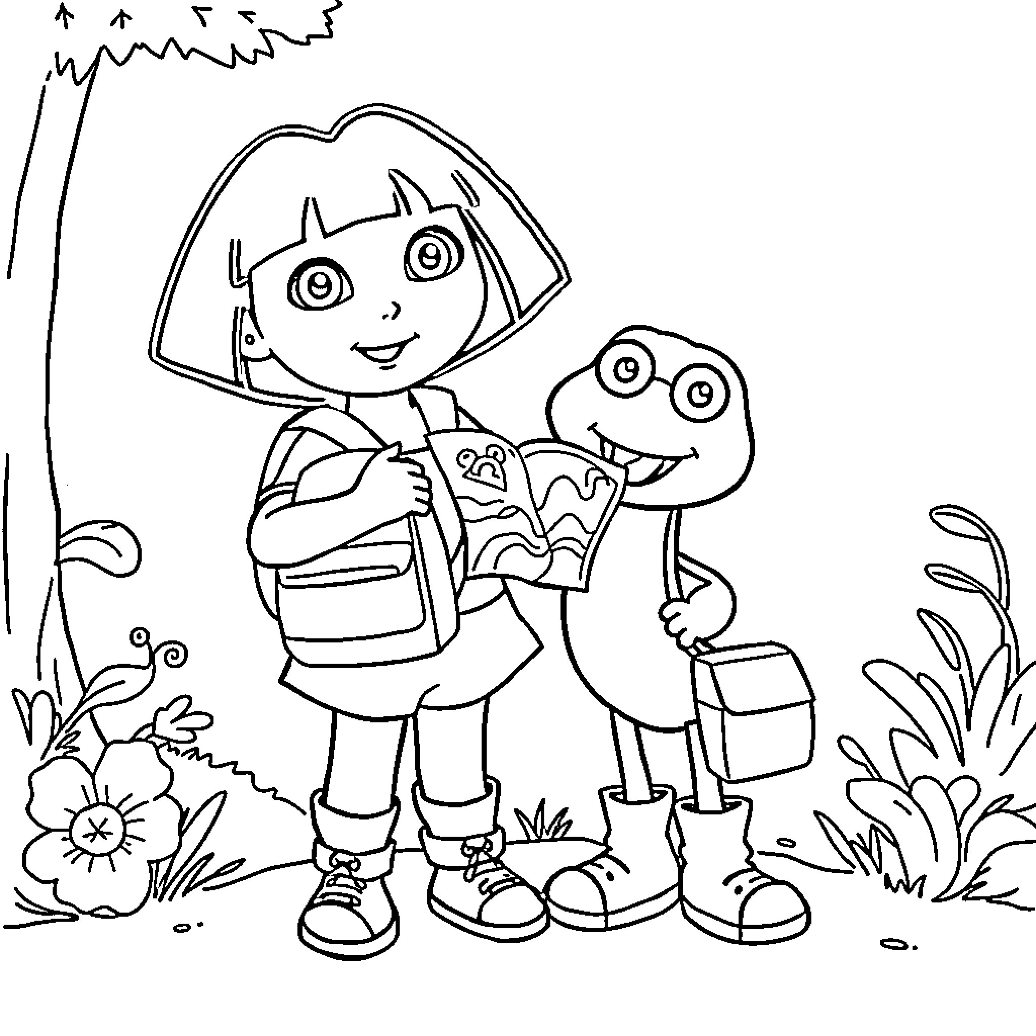 Dora and Boots explore the outdoors Coloring Page (free black-and-white line drawing printable PDF for all, from beginners to advanced learners, including children, teens, adults, and seniors)