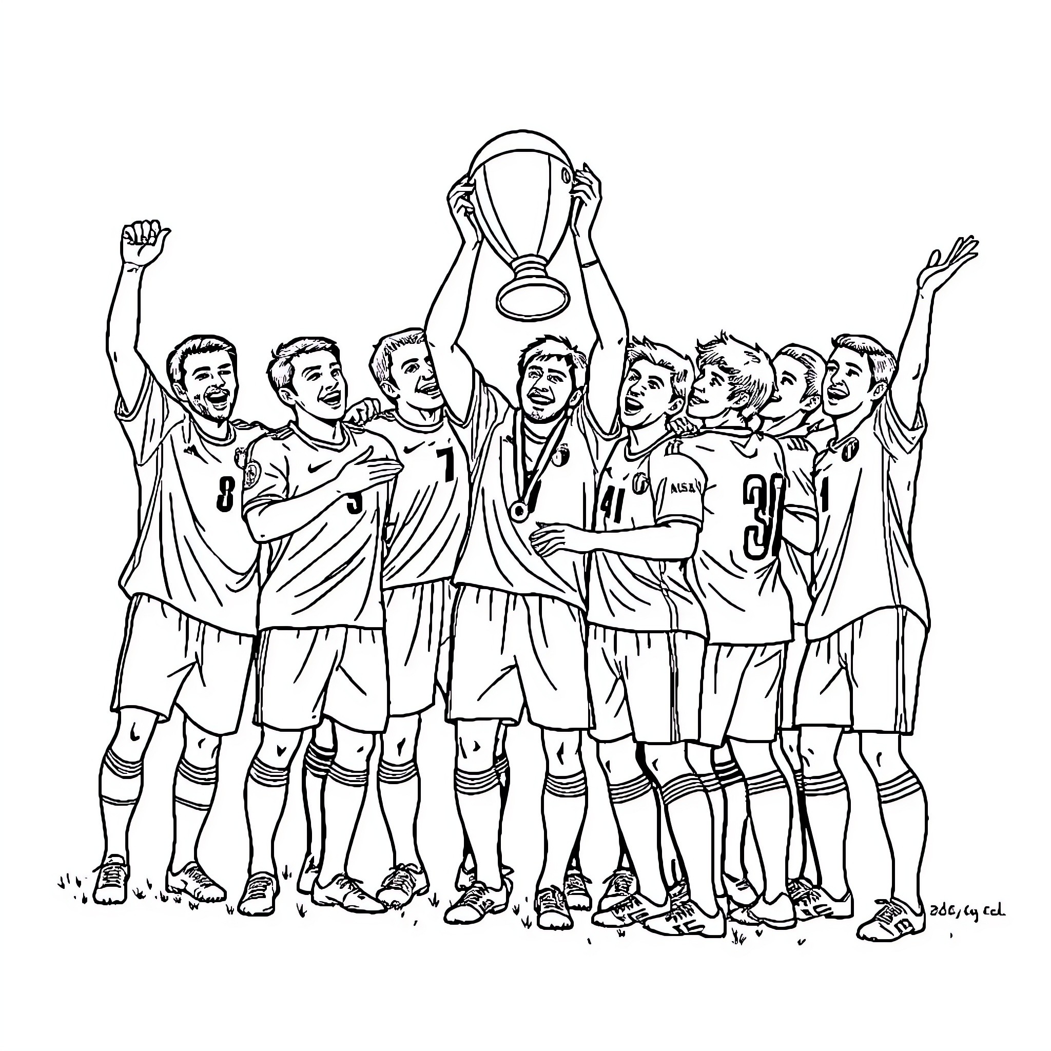 Football Team Celebrating Victory with Trophy Coloring Page (free black-and-white line drawing printable PDF for all, from beginners to advanced learners, including children, teens, adults, and seniors)
