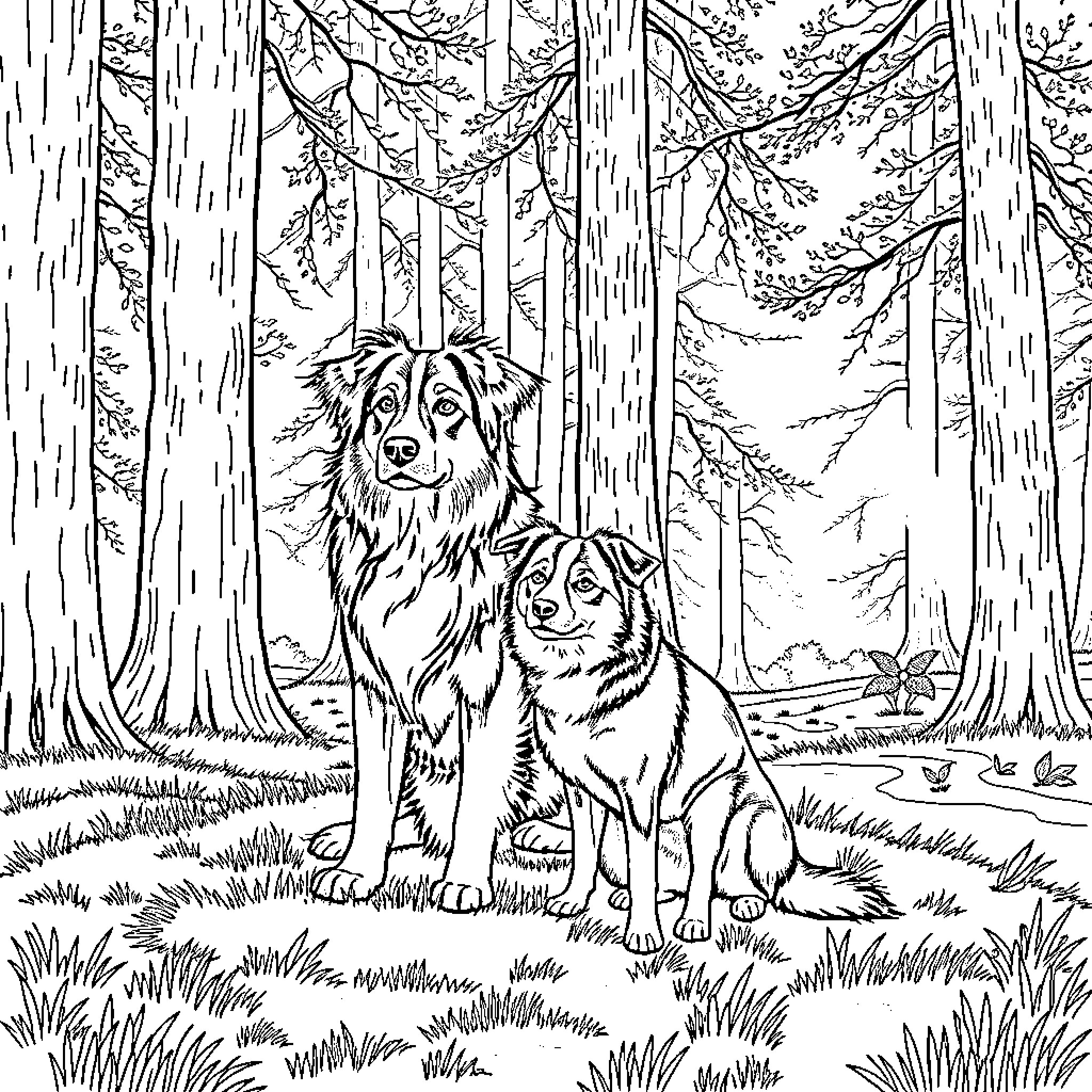Dog Friends Enjoying the Peaceful Forest Scenery Coloring Page (free black-and-white line drawing printable PDF for all, from beginners to advanced learners, including children, teens, adults, and seniors)
