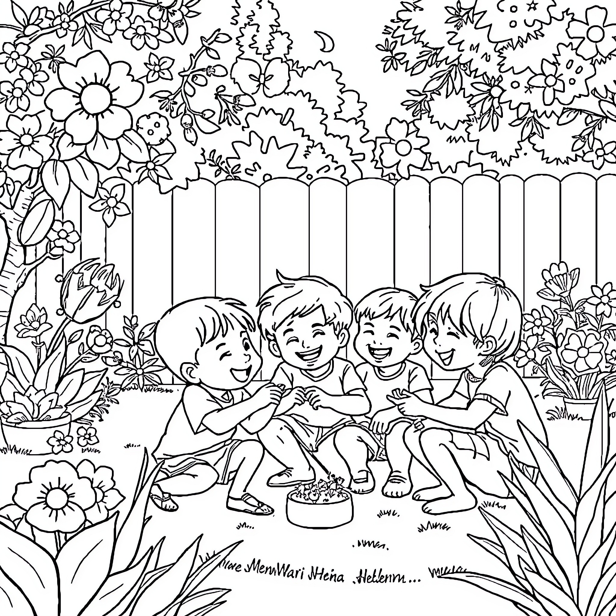 Husband and family enjoying outdoor garden party Coloring Page (free black-and-white line drawing printable PDF for all, from beginners to advanced learners, including children, teens, adults, and seniors)