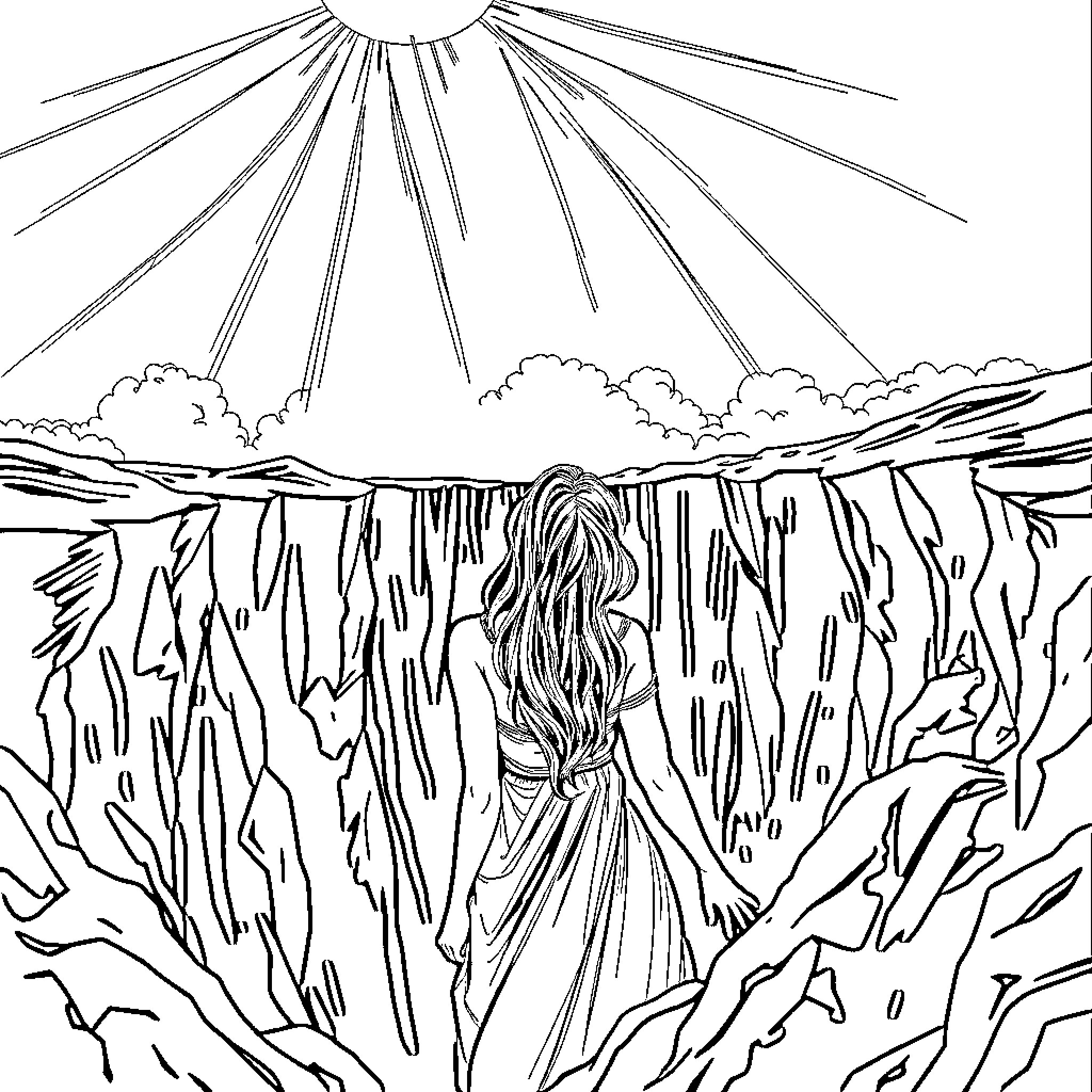 Woman standing amidst nature's dramatic landscape Coloring Page (free black-and-white line drawing printable PDF for all, from beginners to advanced learners, including children, teens, adults, and seniors)