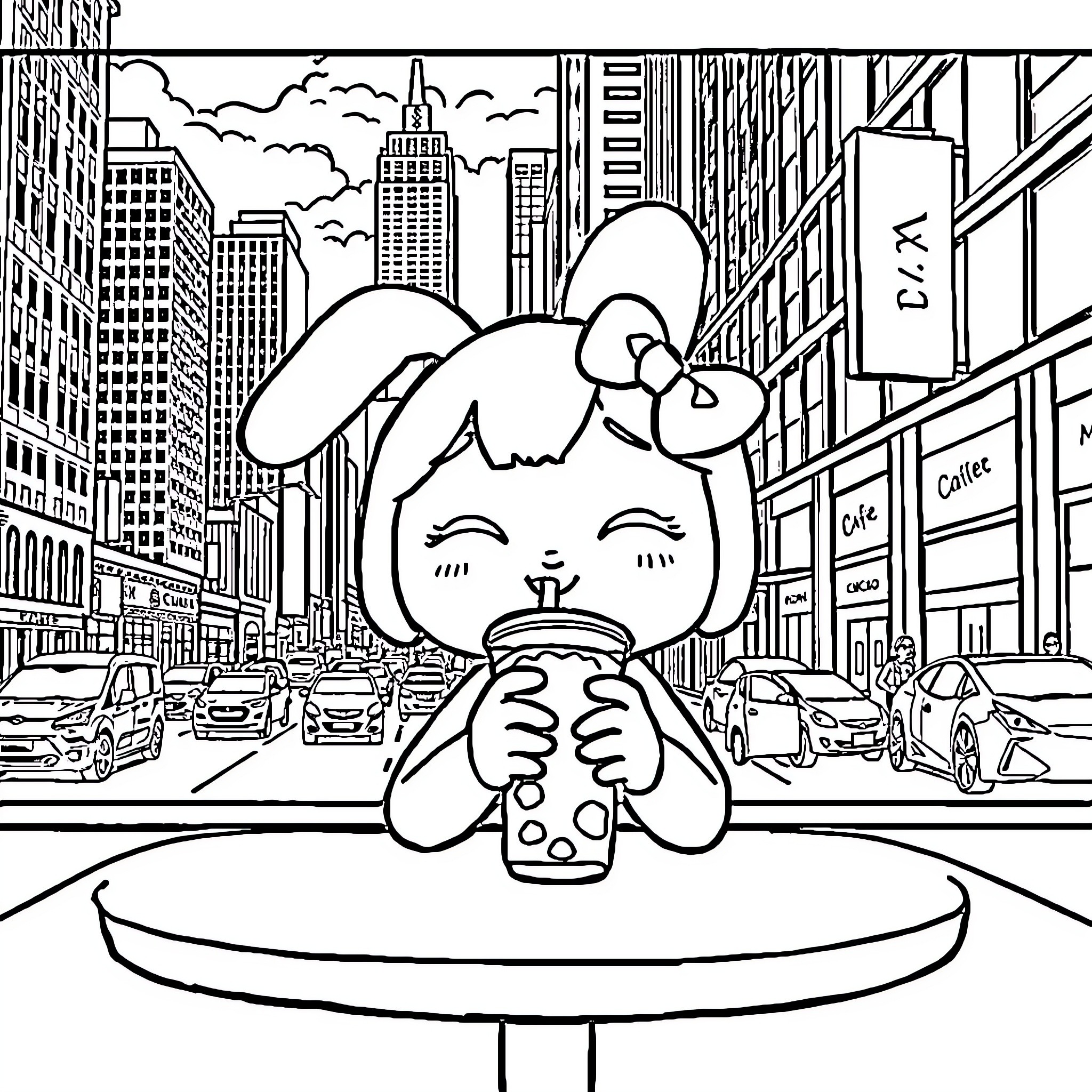 My Melody enjoying a snack in the bustling city Coloring Page (free black-and-white line drawing printable PDF for all, from beginners to advanced learners, including children, teens, adults, and seniors)