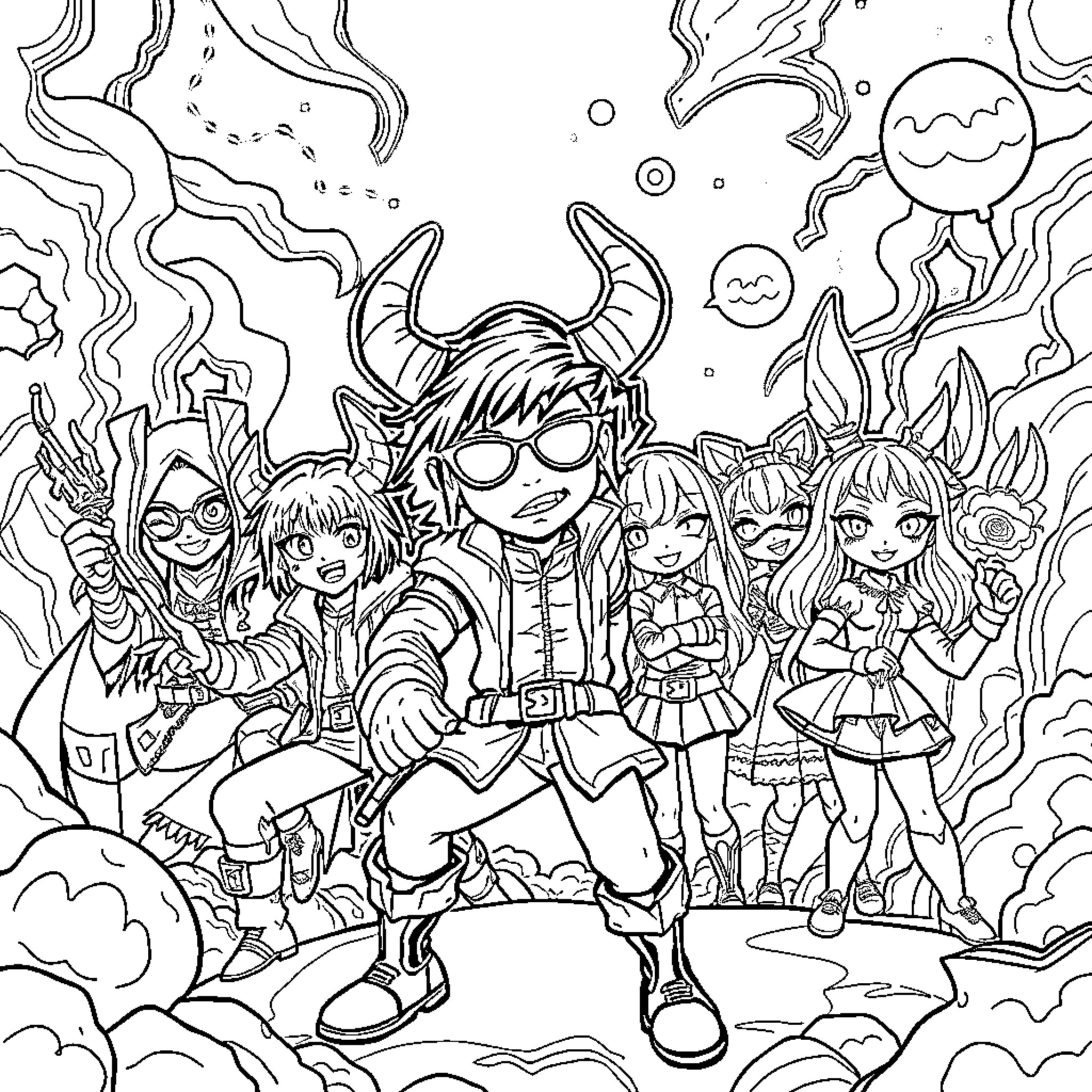 Demon Hunter and their Heroic Squad in Action Coloring Page (free black-and-white line drawing printable PDF for all, from beginners to advanced learners, including children, teens, adults, and seniors)