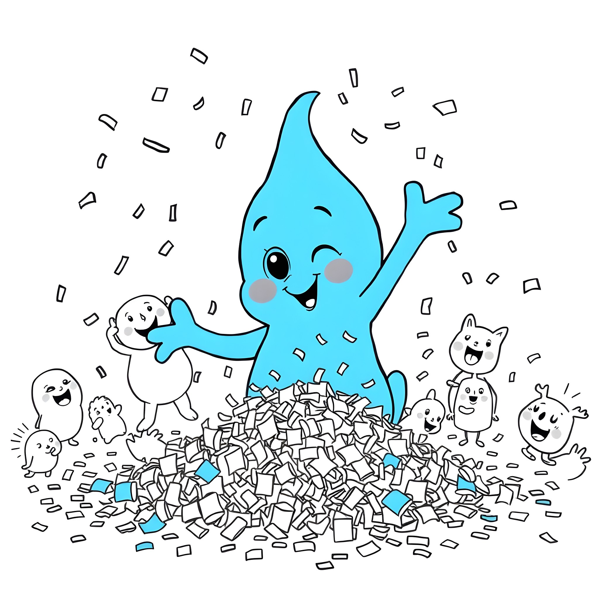 Bluey and Friends Playing in Confetti Coloring Page (free black-and-white line drawing printable PDF for all, from beginners to advanced learners, including children, teens, adults, and seniors)