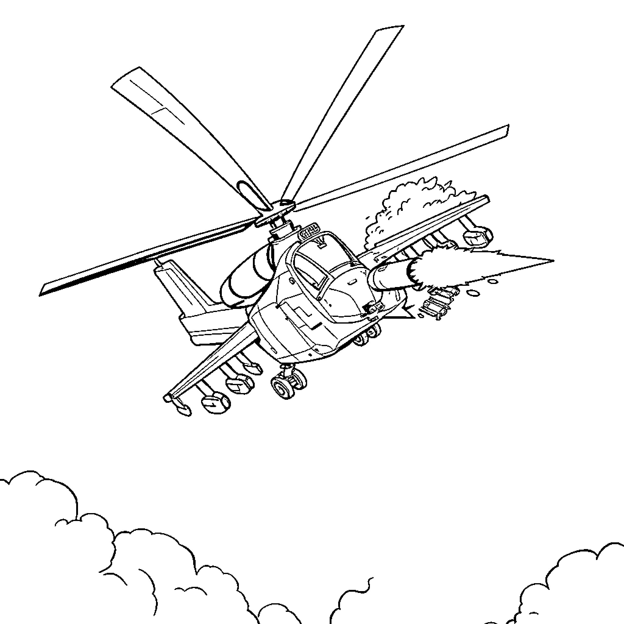 Cobra attack helicopter in flight Coloring Page (free black-and-white line drawing printable PDF for all, from beginners to advanced learners, including children, teens, adults, and seniors)