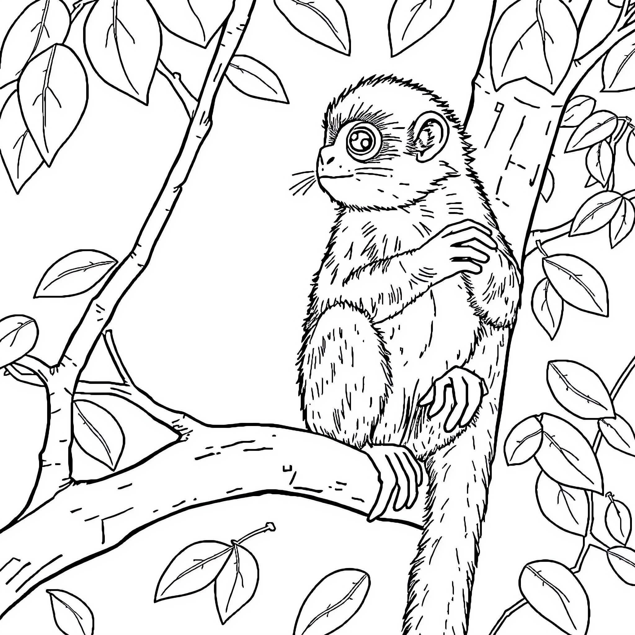 Monkey exploring the jungle Coloring Page (free black-and-white line drawing printable PDF for all, from beginners to advanced learners, including children, teens, adults, and seniors)