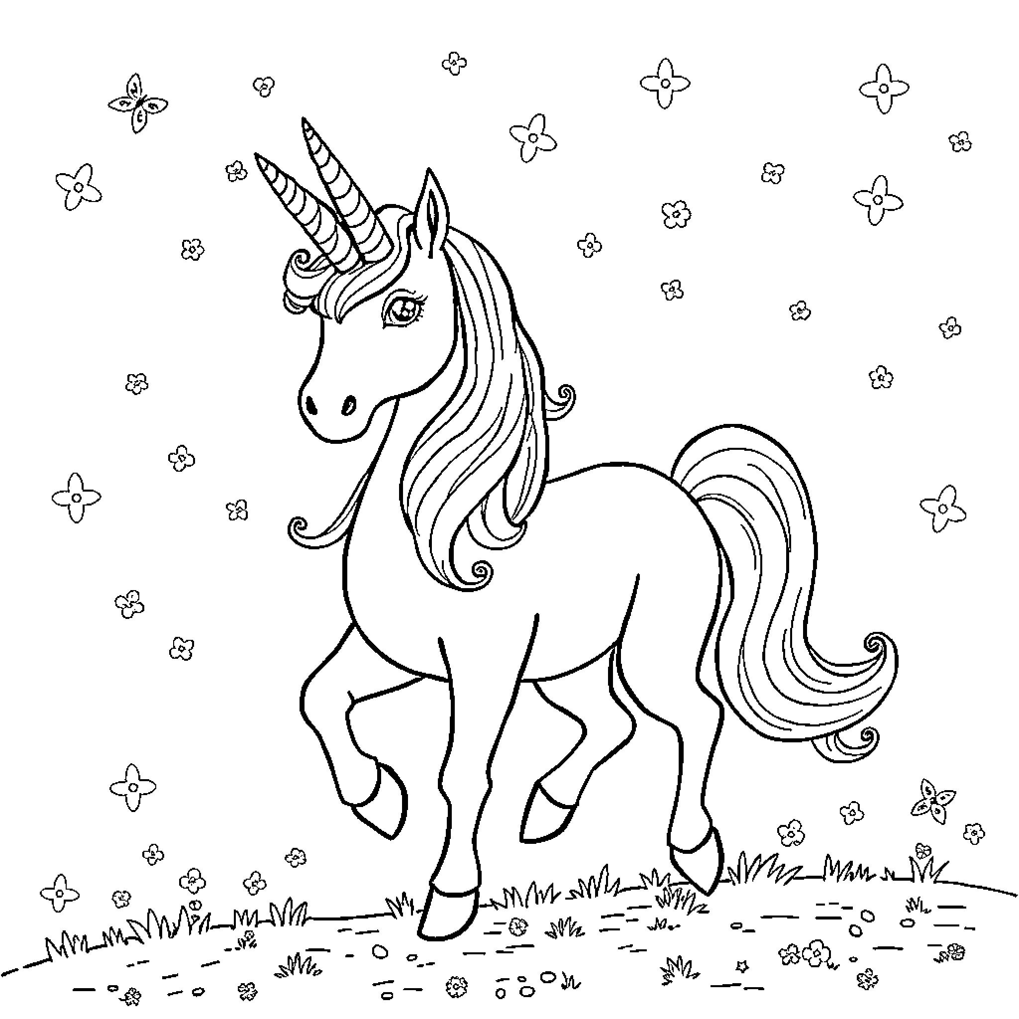 Unicorn trotting amidst enchanting flowers Coloring Page (free black-and-white line drawing printable PDF for all, from beginners to advanced learners, including children, teens, adults, and seniors)