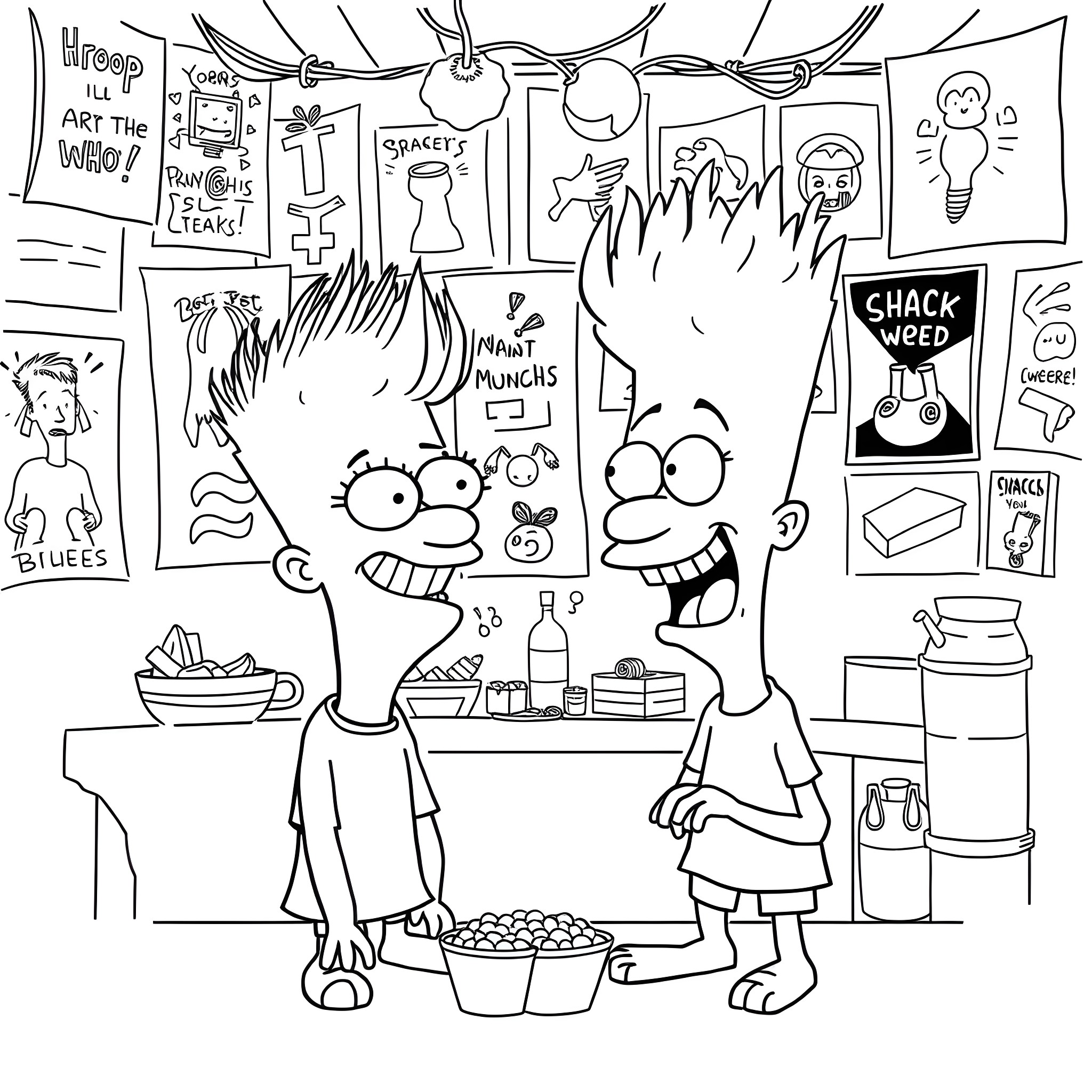 Beavis and Butt-Head's Mischievous Adventure in the Convenience Store Coloring Page (free black-and-white line drawing printable PDF for all, from beginners to advanced learners, including children, teens, adults, and seniors)