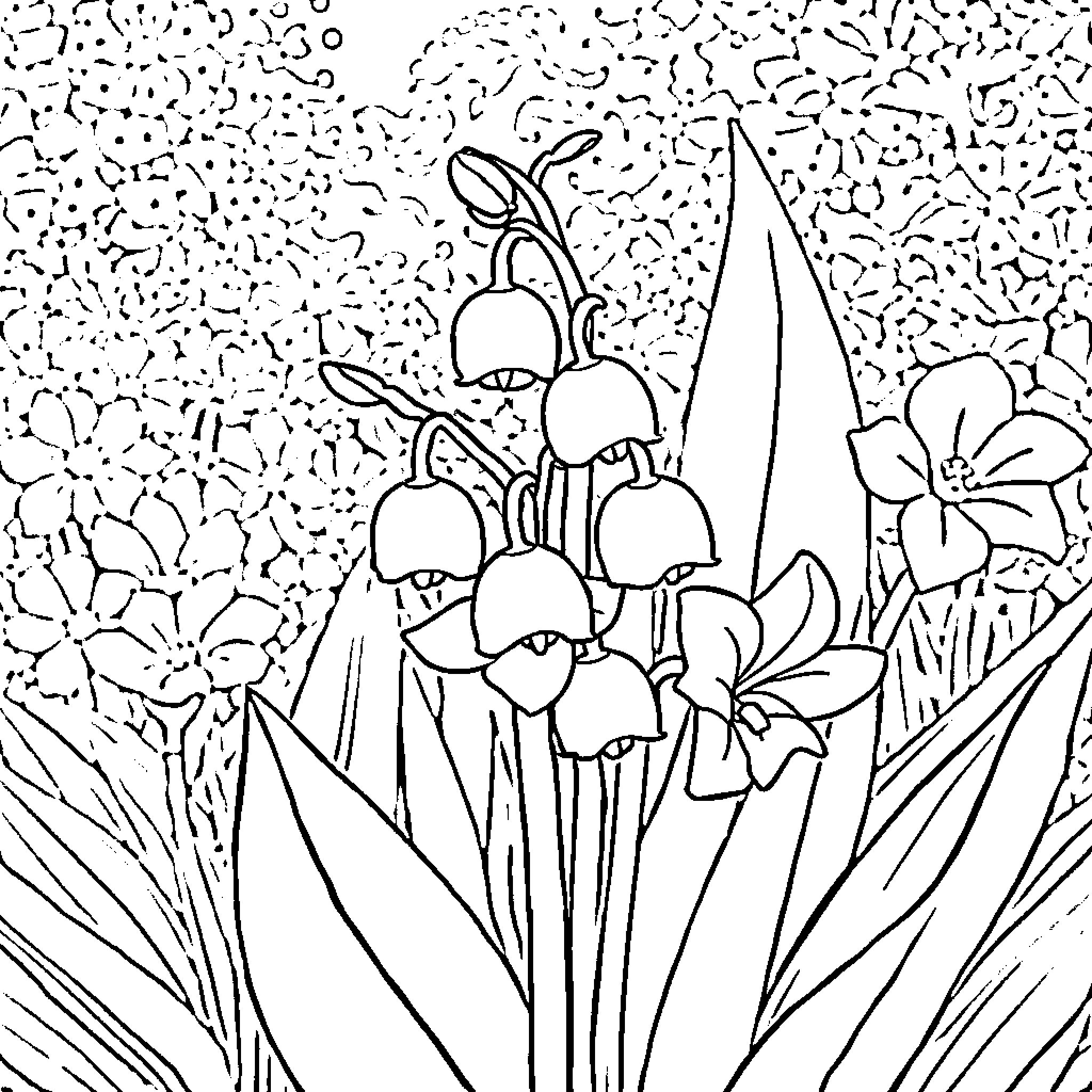 Lily's Floral Garden Adventure Coloring Page (free black-and-white line drawing printable PDF for all, from beginners to advanced learners, including children, teens, adults, and seniors)