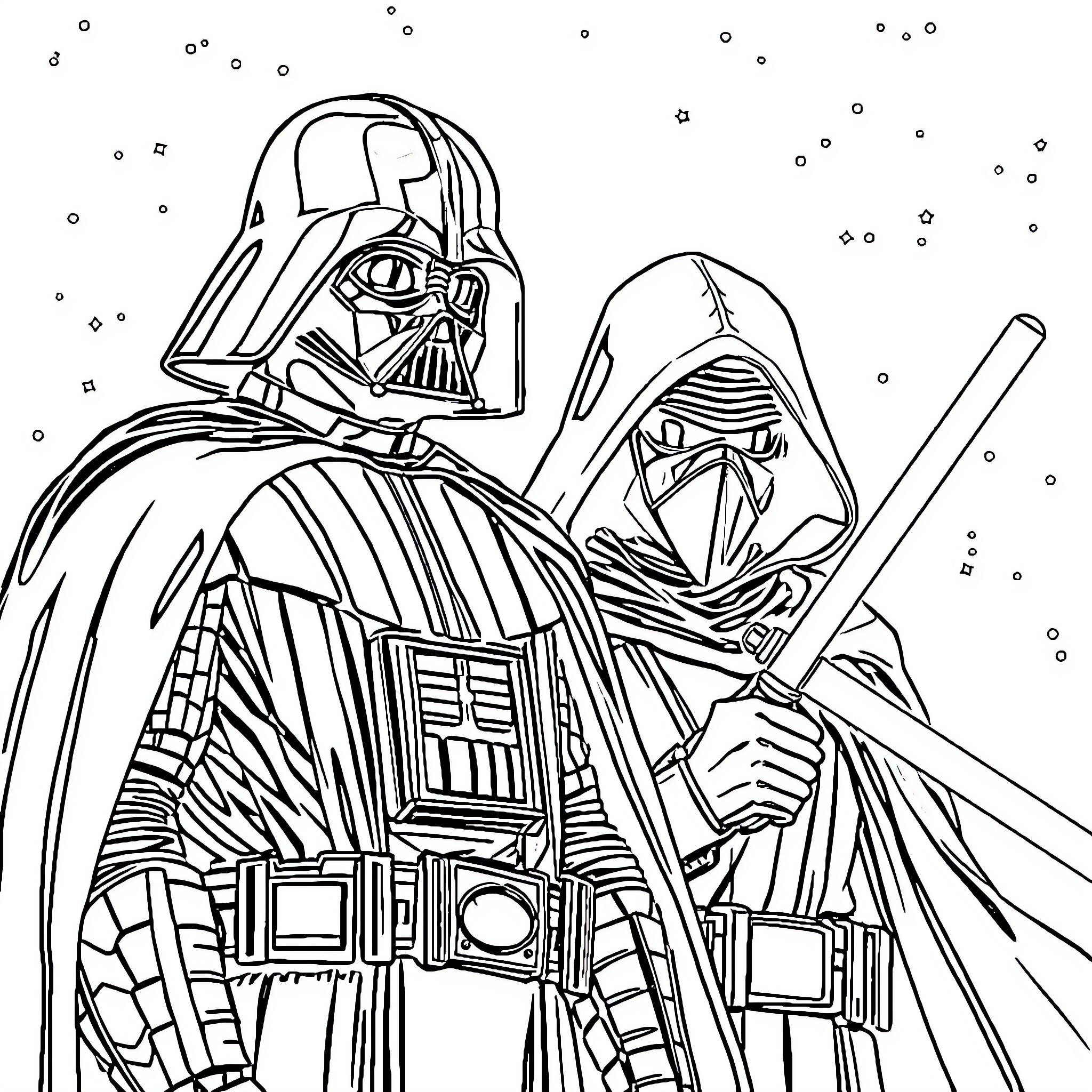 Darth Vader and Emperor Palpatine in Space Coloring Page (free black-and-white line drawing printable PDF for all, from beginners to advanced learners, including children, teens, adults, and seniors)