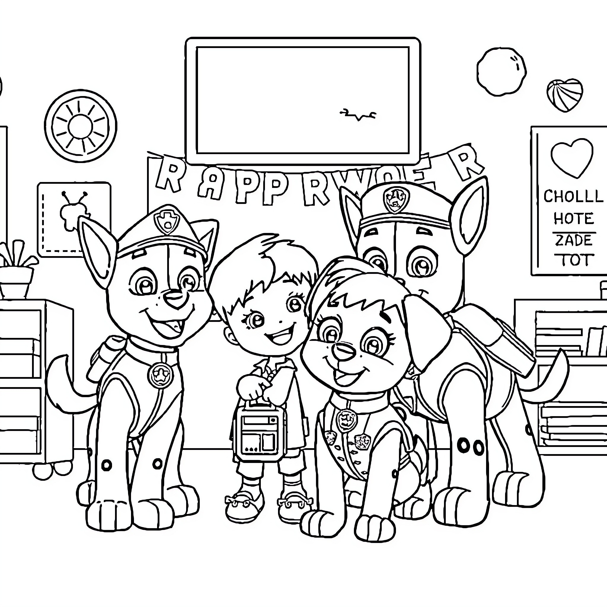 Paw Patrol characters in a happy scene Coloring Page (free black-and-white line drawing printable PDF for all, from beginners to advanced learners, including children, teens, adults, and seniors)