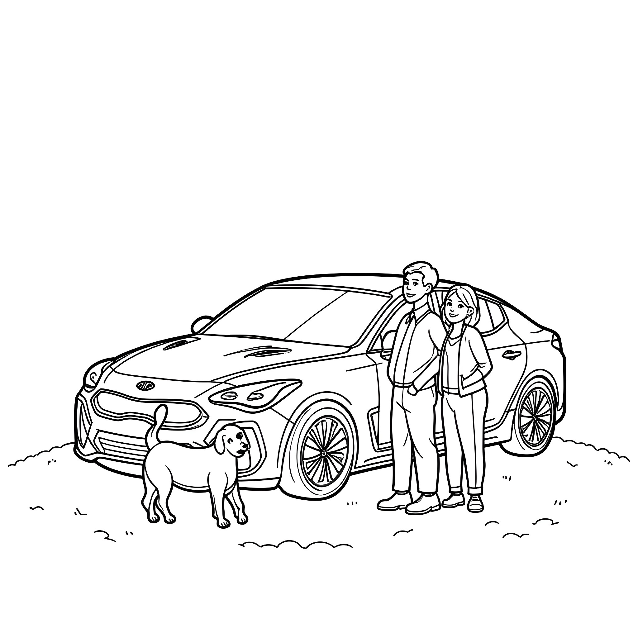 Dog and family posing with car Coloring Page (free black-and-white line drawing printable PDF for all, from beginners to advanced learners, including children, teens, adults, and seniors)