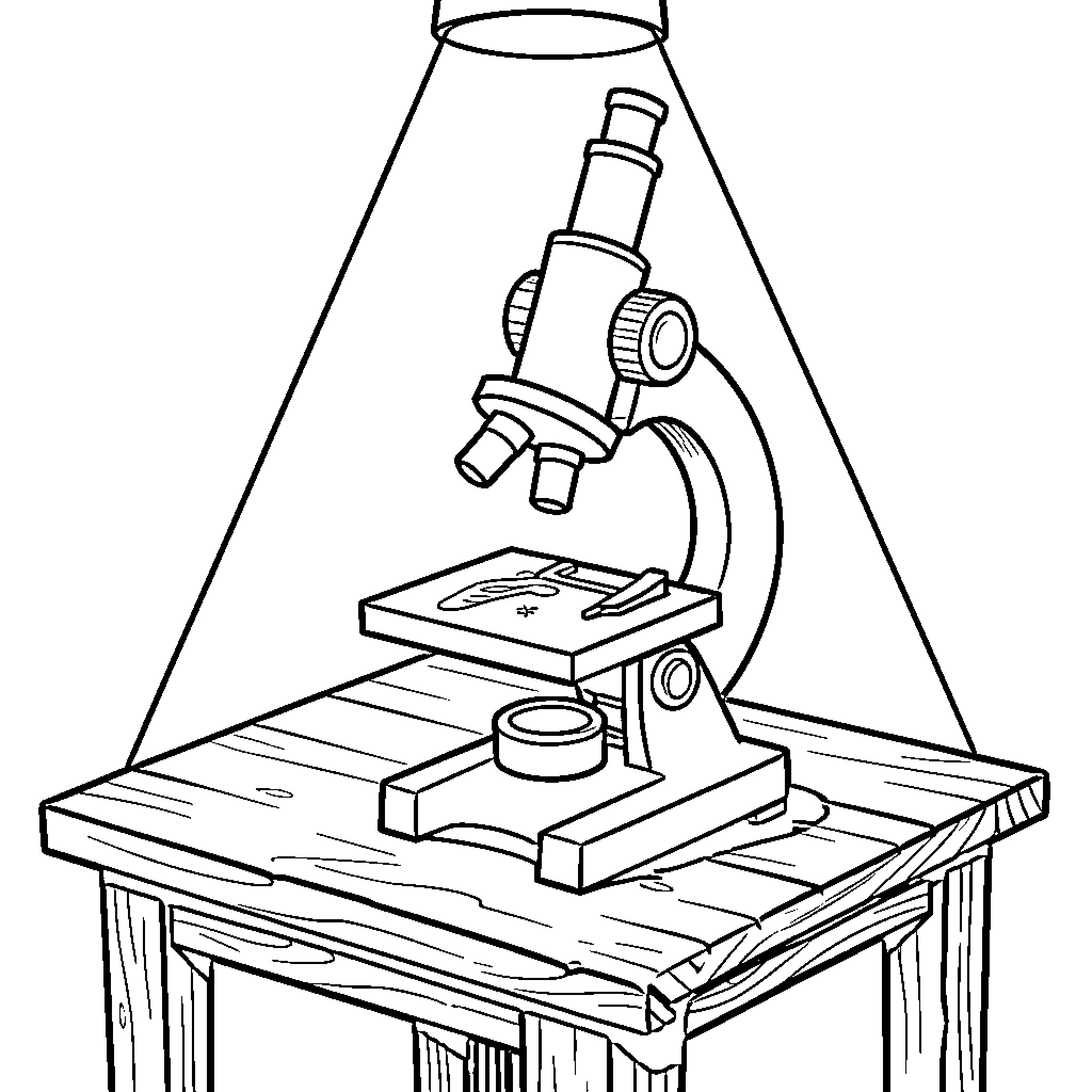 Microscope on wooden desk examining scientific samples Coloring Page (free black-and-white line drawing printable PDF for all, from beginners to advanced learners, including children, teens, adults, and seniors)