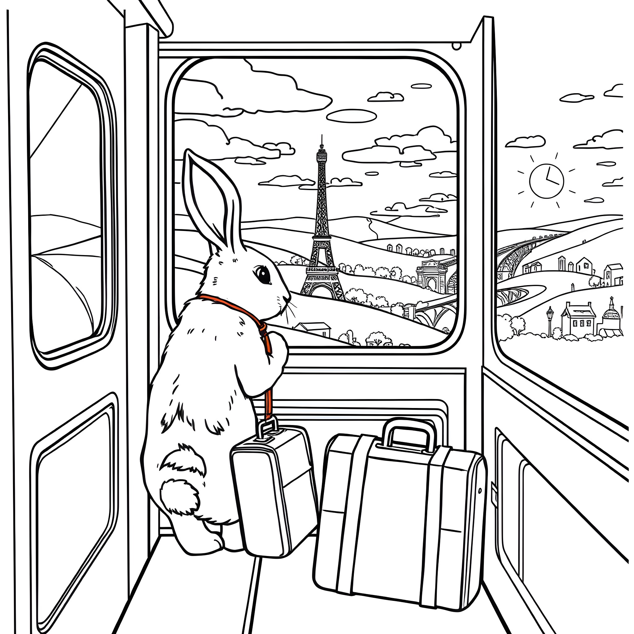 Rabbit Traveling by Train to Paris Coloring Page (free black-and-white line drawing printable PDF for all, from beginners to advanced learners, including children, teens, adults, and seniors)