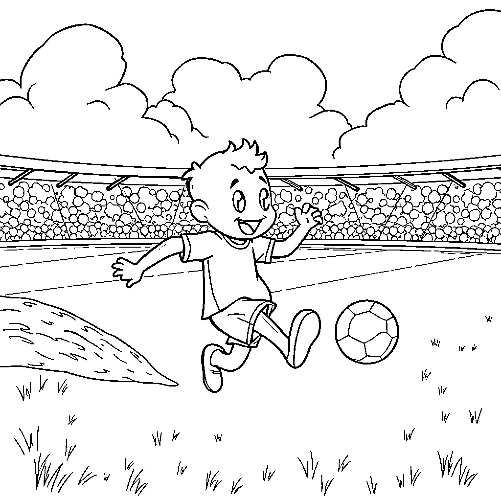 Bluey playing soccer on the field Coloring Page (free black-and-white line drawing printable PDF for all, from beginners to advanced learners, including children, teens, adults, and seniors)