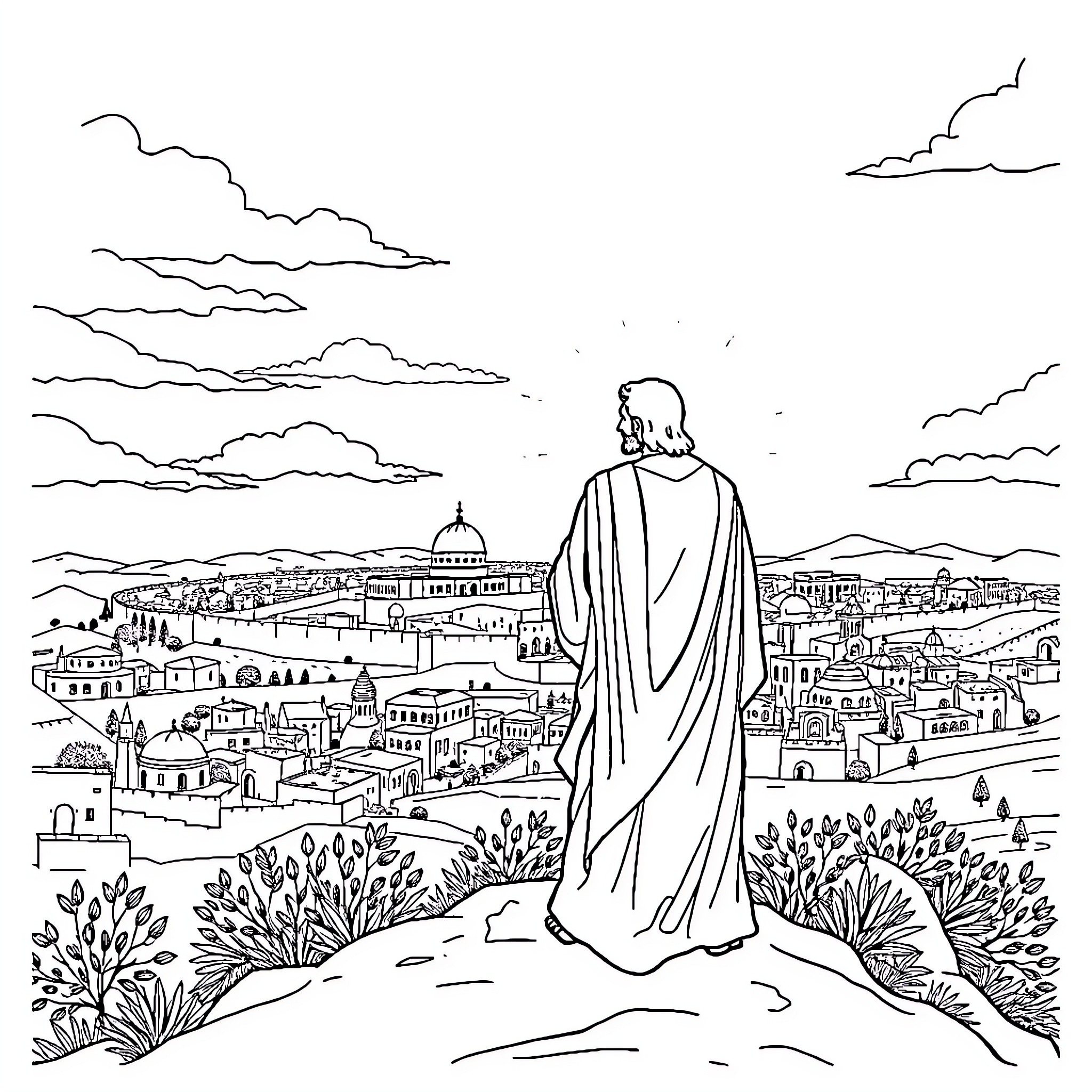 Jesus overlooking the holy city Coloring Page (free black-and-white line drawing printable PDF for all, from beginners to advanced learners, including children, teens, adults, and seniors)