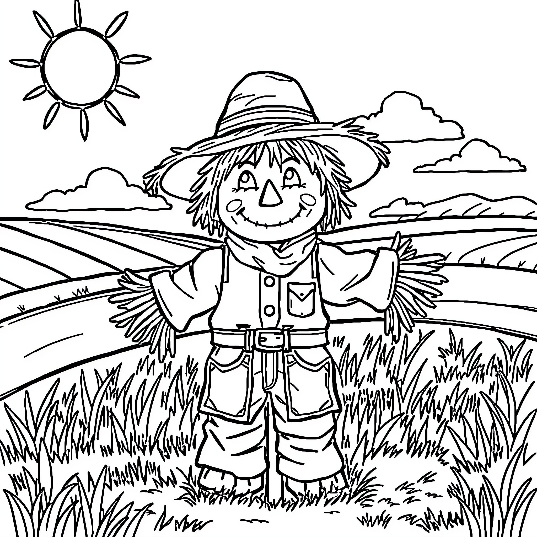 Scarecrow guarding a scenic countryside landscape Coloring Page (free black-and-white line drawing printable PDF for all, from beginners to advanced learners, including children, teens, adults, and seniors)