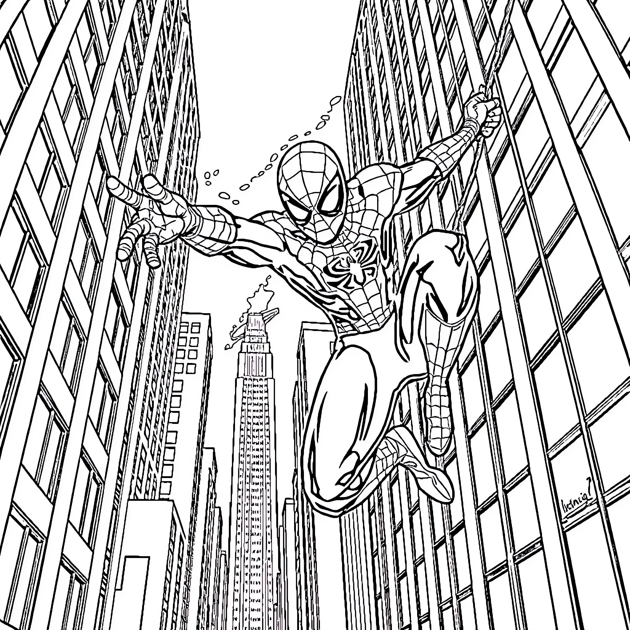 Spiderman swinging through the skyscrapers Coloring Page (free black-and-white line drawing printable PDF for all, from beginners to advanced learners, including children, teens, adults, and seniors)